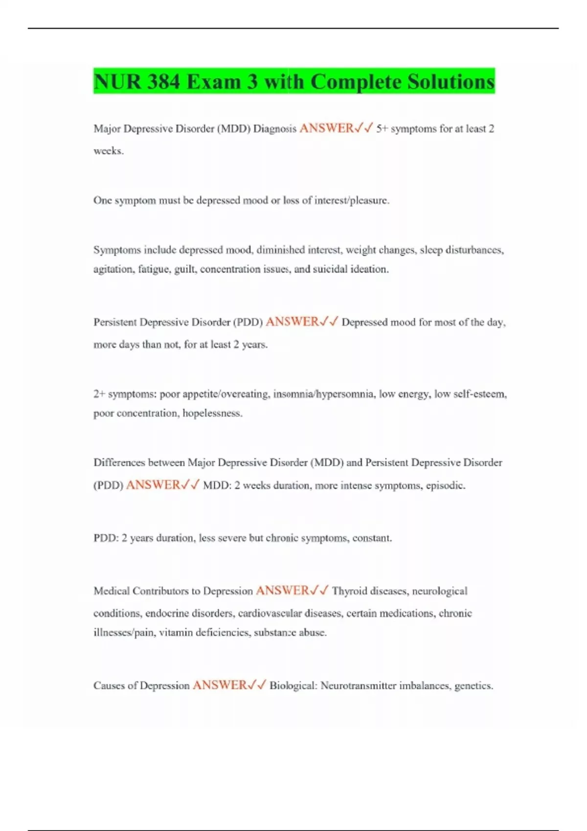 NUR 384 Exam 3 with Complete Solutions - NUR 384 - Stuvia US