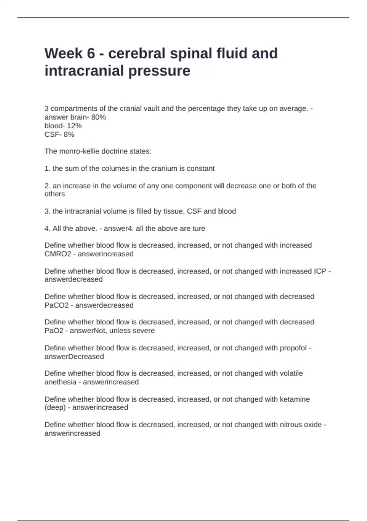 Week 6 - cerebral spinal fluid and intracranial pressure Questions and ...