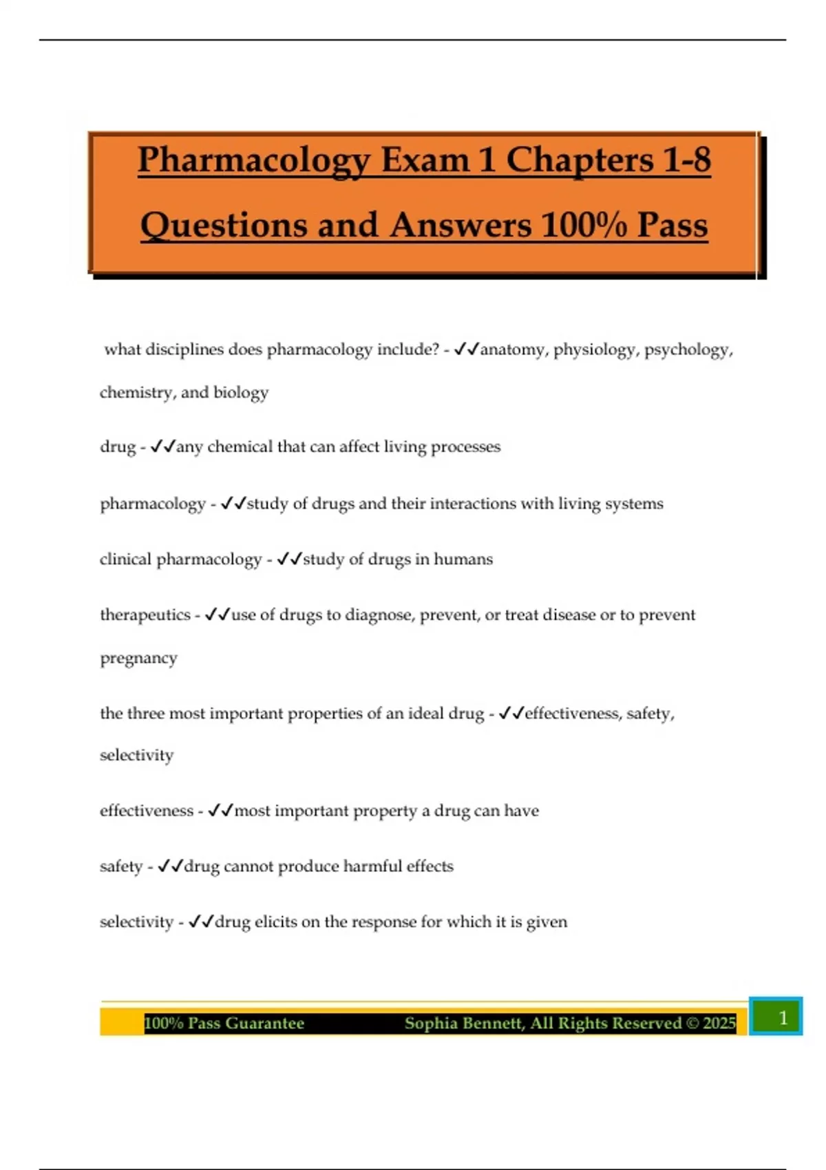 Pharmacology Exam 1 Chapters 1-8 Questions and Answers 100% Pass ...