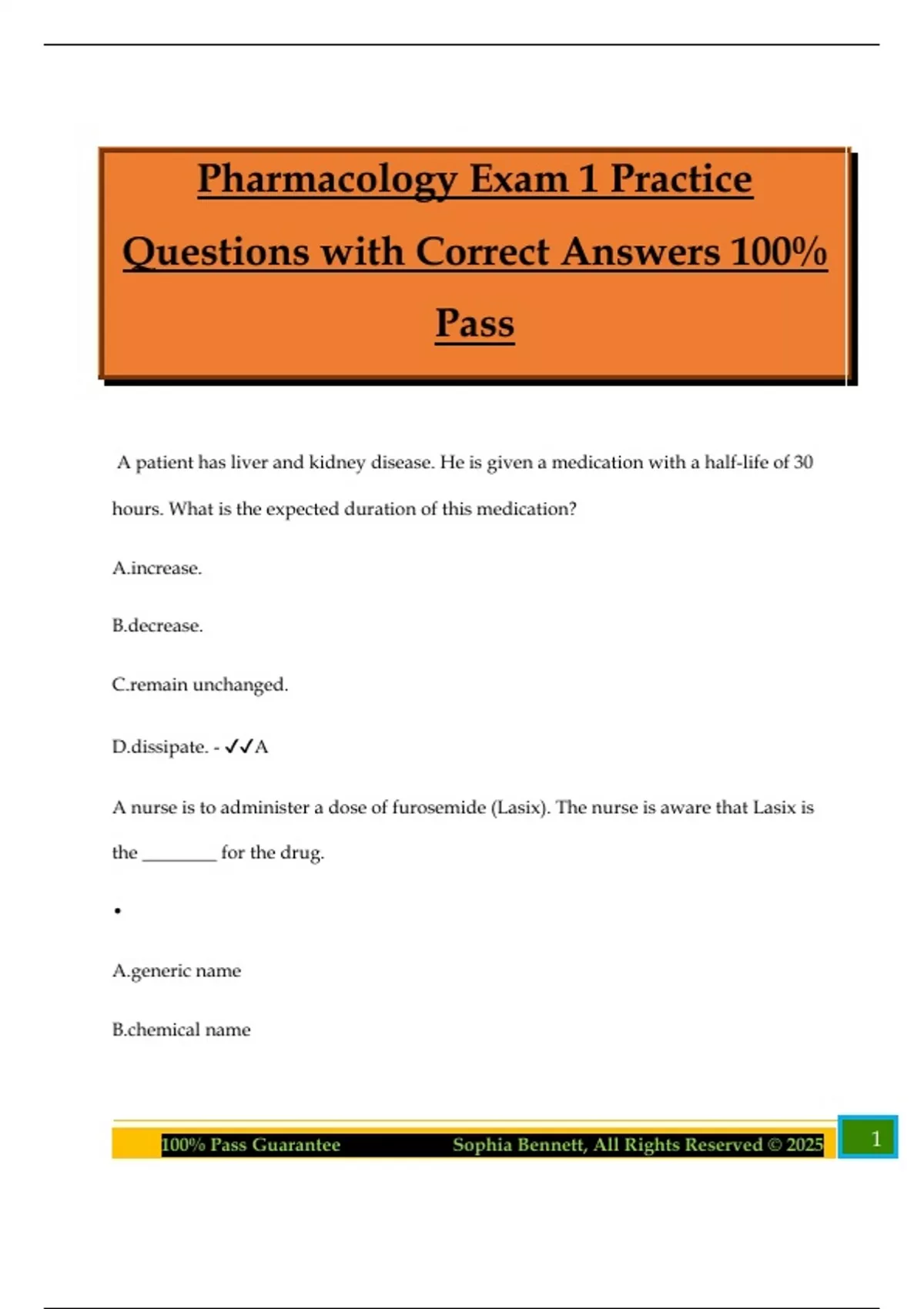 Pharmacology Exam 1 Practice Questions with Correct Answers 100% Pass ...