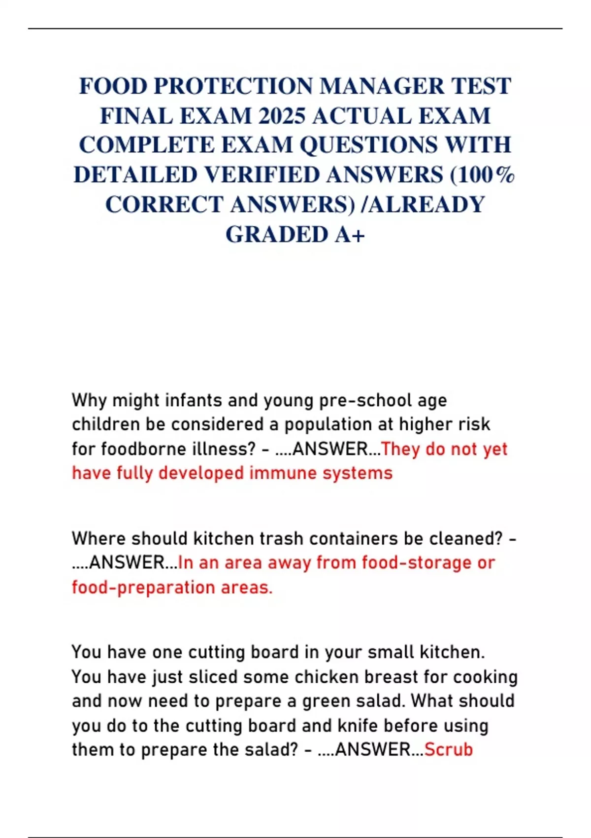 FOOD PROTECTION MANAGER TEST FINAL EXAM 2025 ACTUAL EXAM COMPLETE EXAM ...