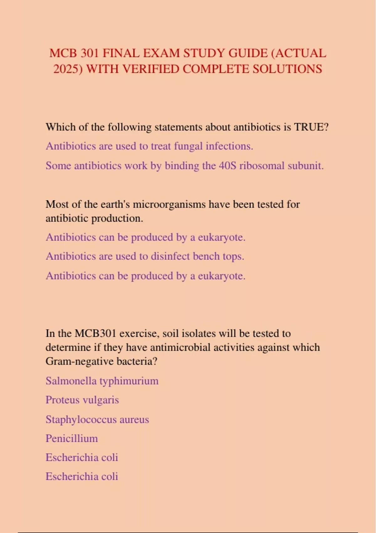 MCB 301 FINAL EXAM STUDY GUIDE (ACTUAL 2025) WITH VERIFIED COMPLETE ...