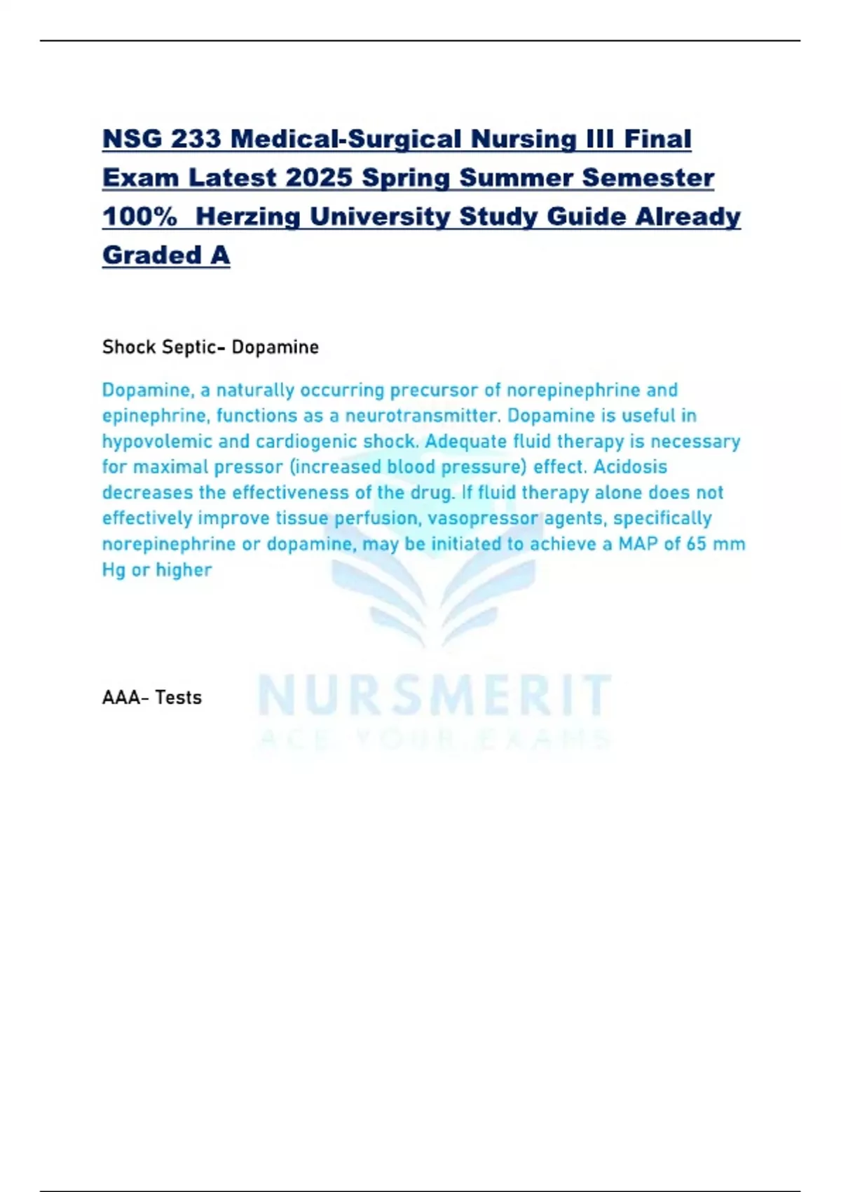 NSG 233 Medical-Surgical Nursing III Final Exam Latest 2025 Spring ...