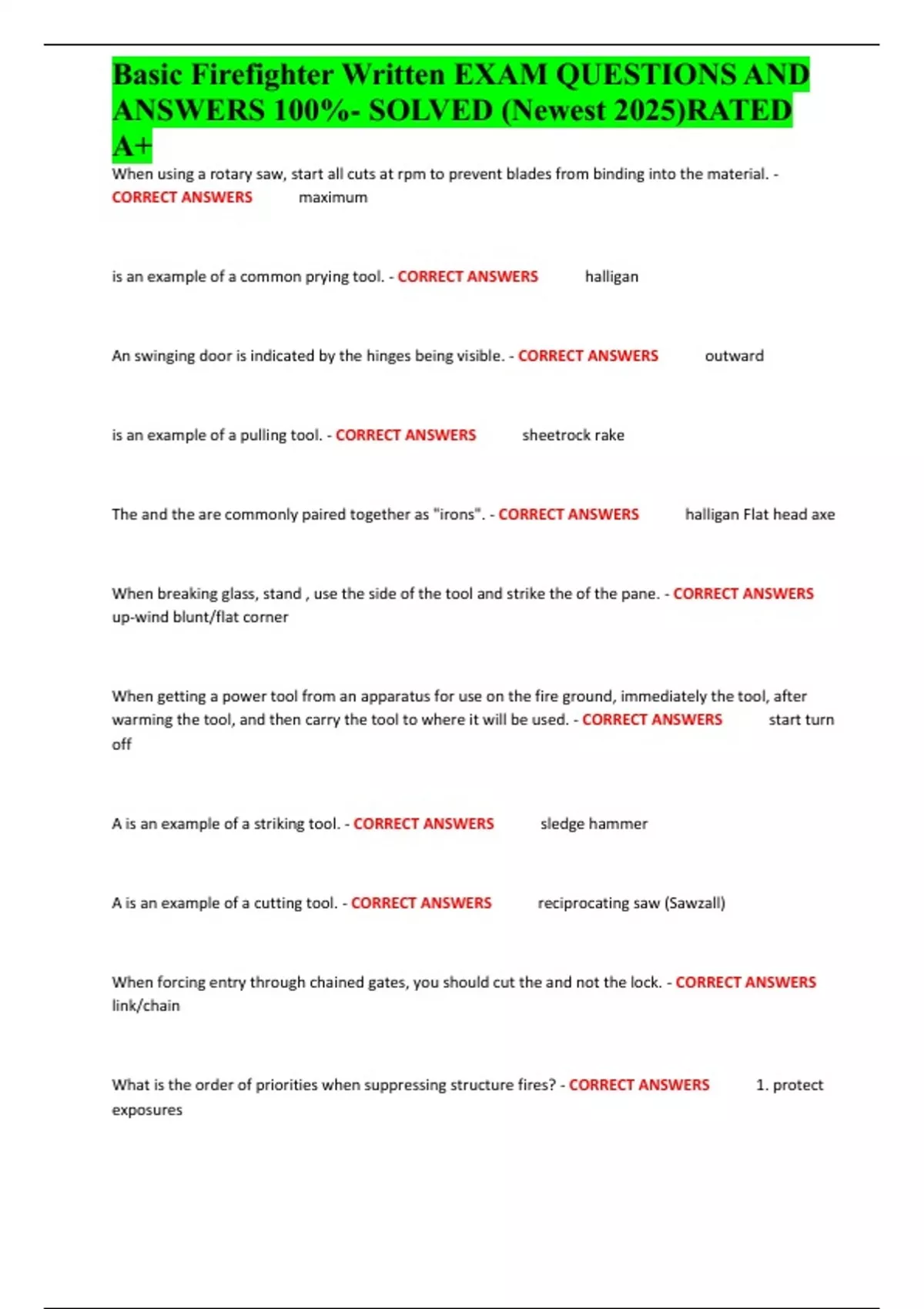 Summary Basic Firefighter Written EXAM QUESTIONS AND ANSWERS 100% ...
