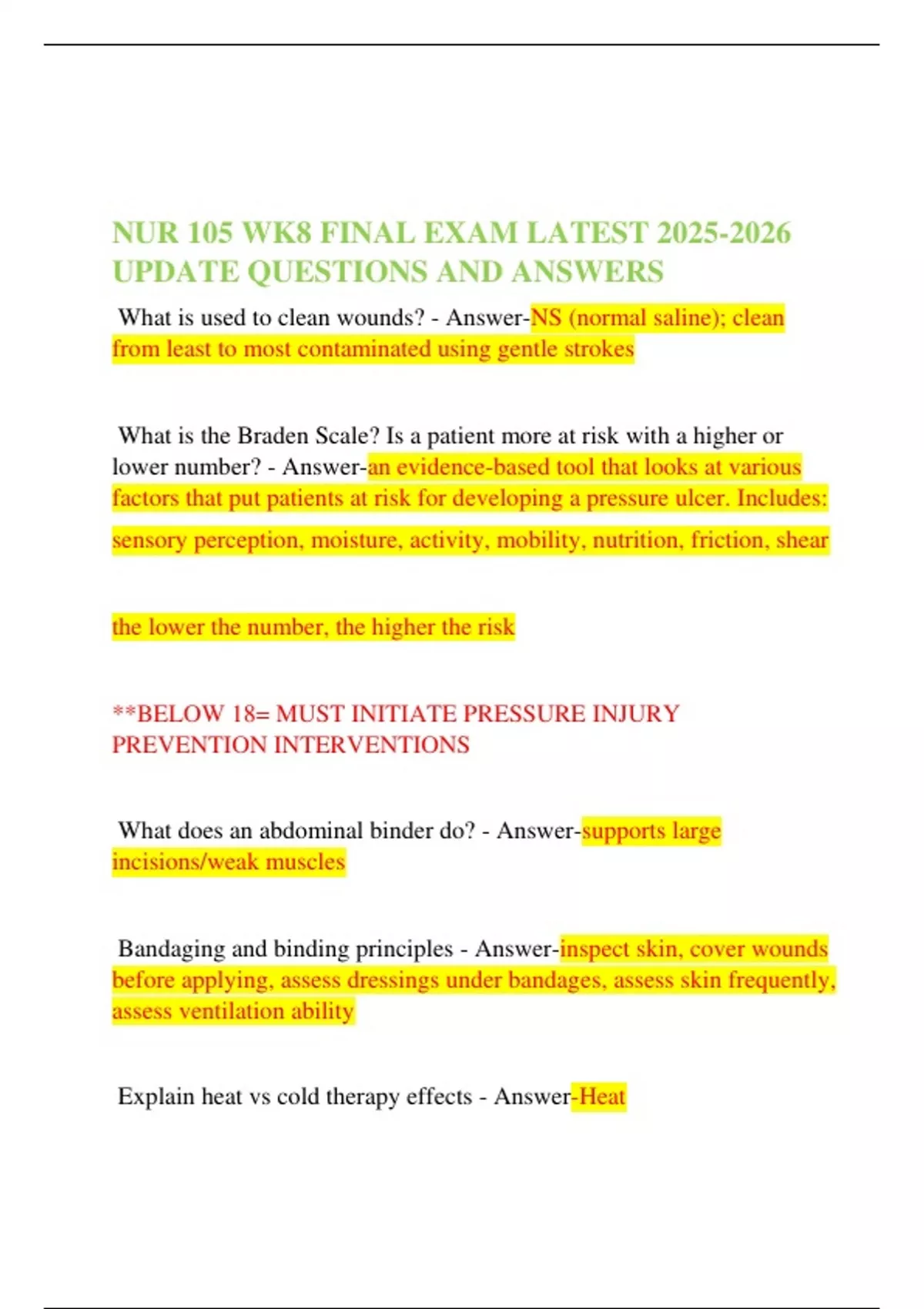 NUR 105 WK8 FINAL EXAM LATEST UPDATE QUESTIONS AND ANSWERS - NUR 105 ...