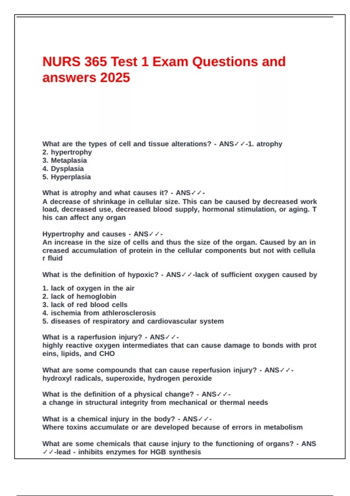 NURS 365 Test 1 Exam Questions and answers 2025. - NURS 365 - Stuvia US