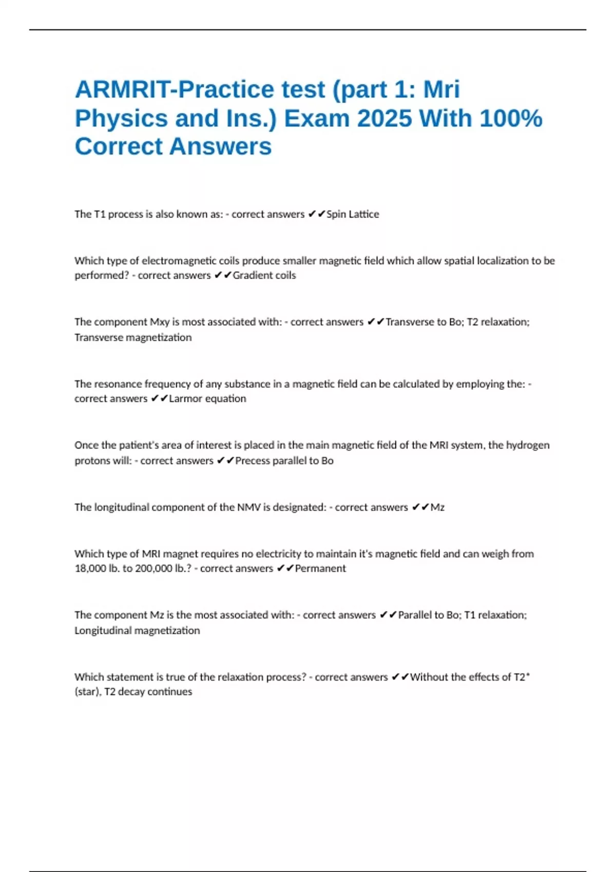 ARMRIT-Practice test (part 1: Mri Physics and Ins.) Exam 2025 With 100% ...