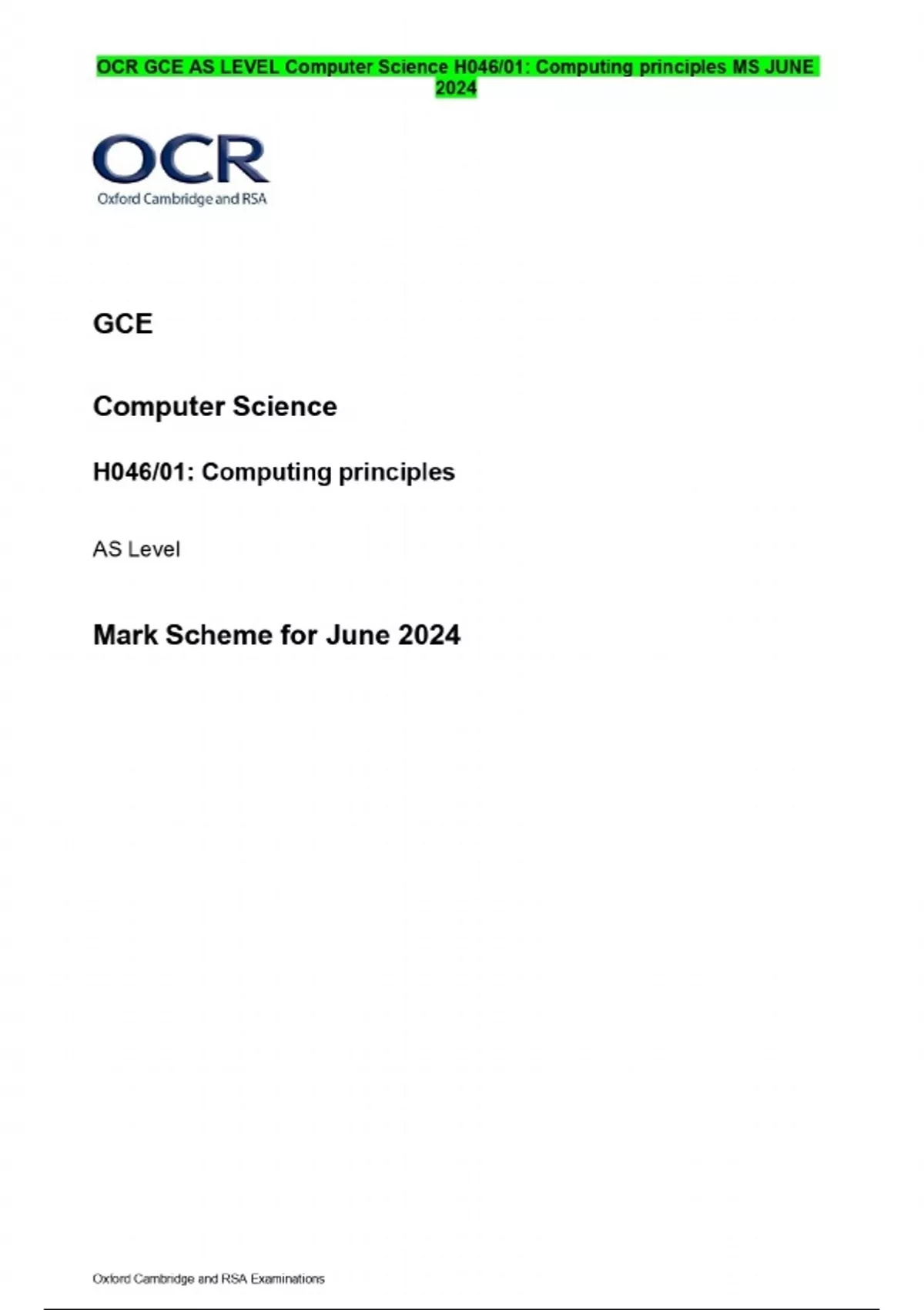 OCR GCE AS LEVEL Computer Science H046/01: Computing principles MS JUNE ...