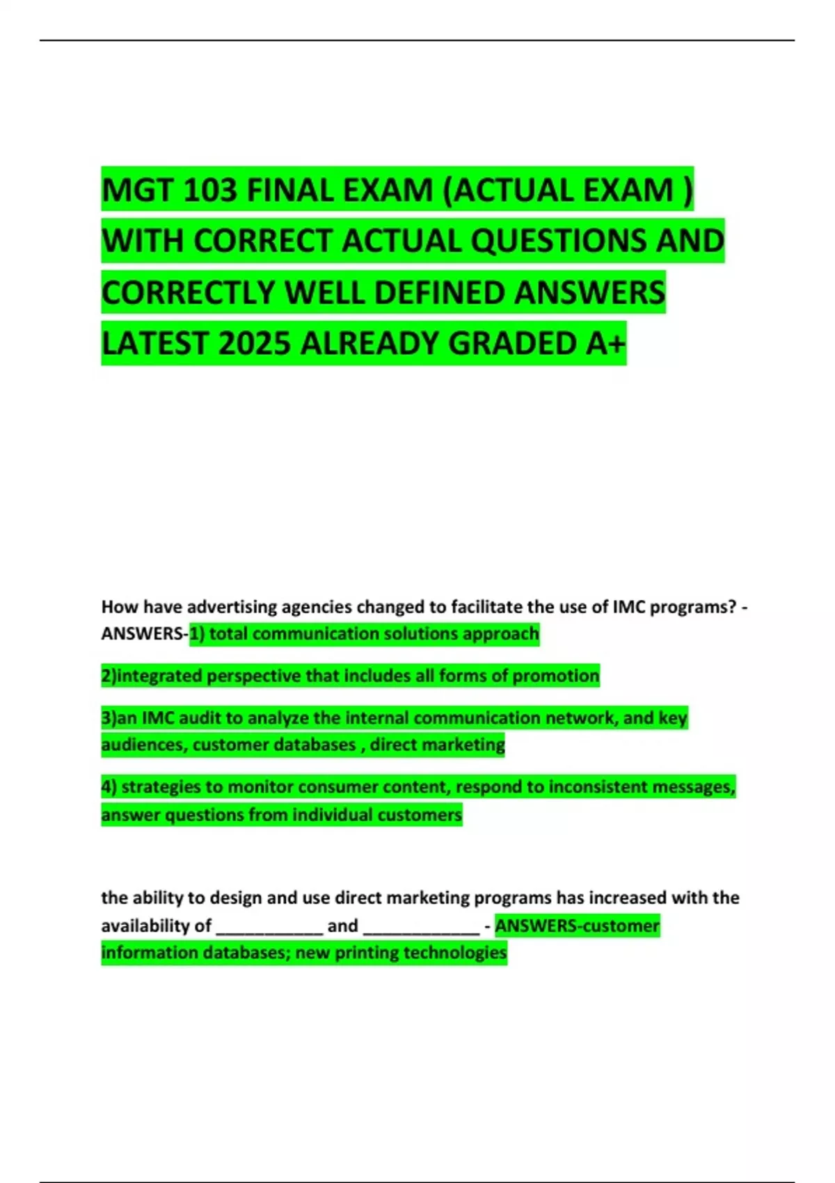 MGT 103 FINAL EXAM (ACTUAL EXAM ) WITH CORRECT ACTUAL QUESTIONS AND ...