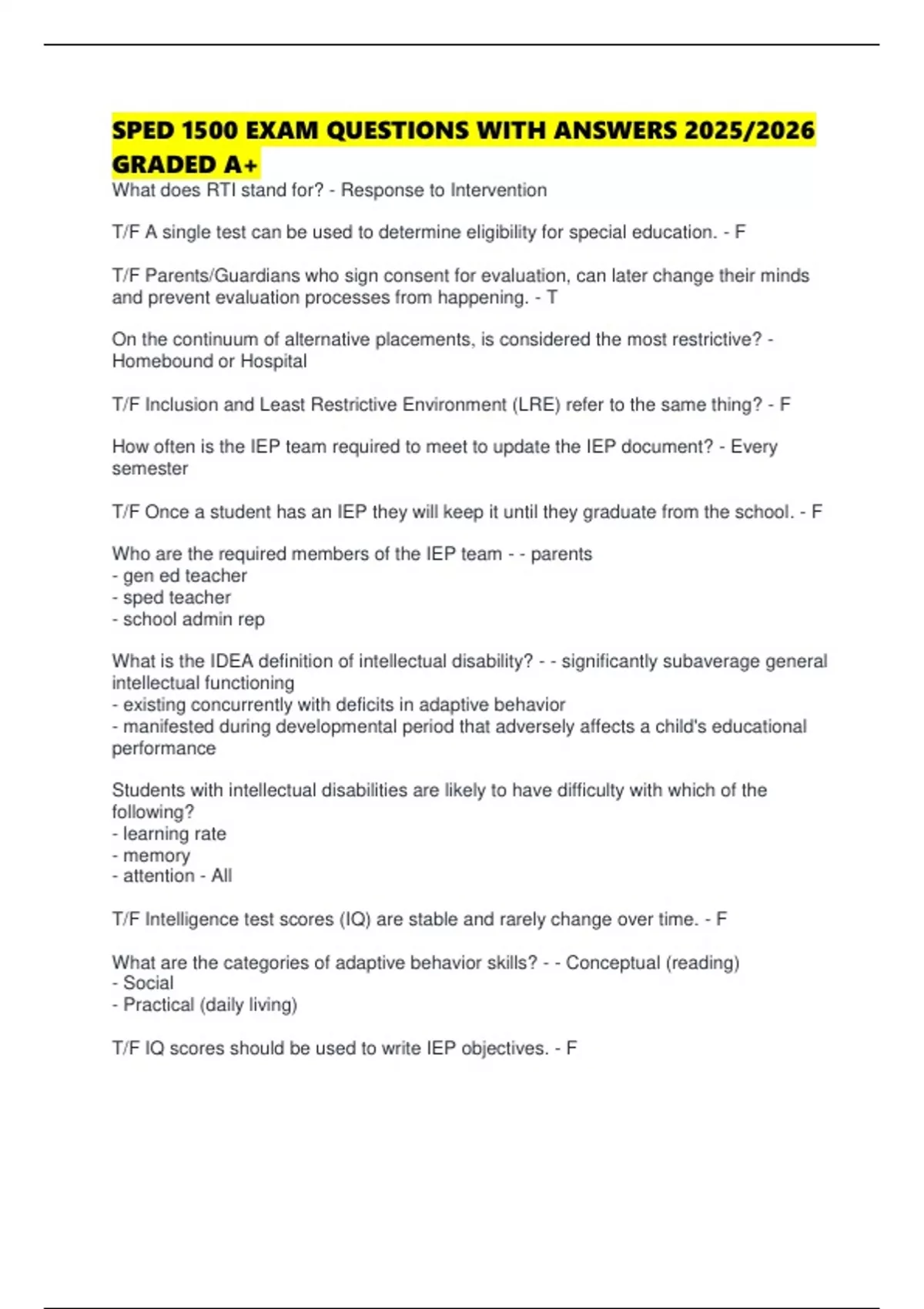 Sped Example Test SPED 1500 EXAM QUESTIONS WITH ANSWERS 2025/2026 GRADED A+ - SPED ...