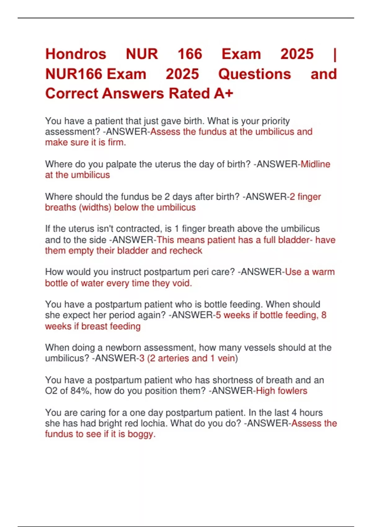 Hondros NUR 166 Exam 2025 | NUR166 Exam 2025 Questions and Correct ...