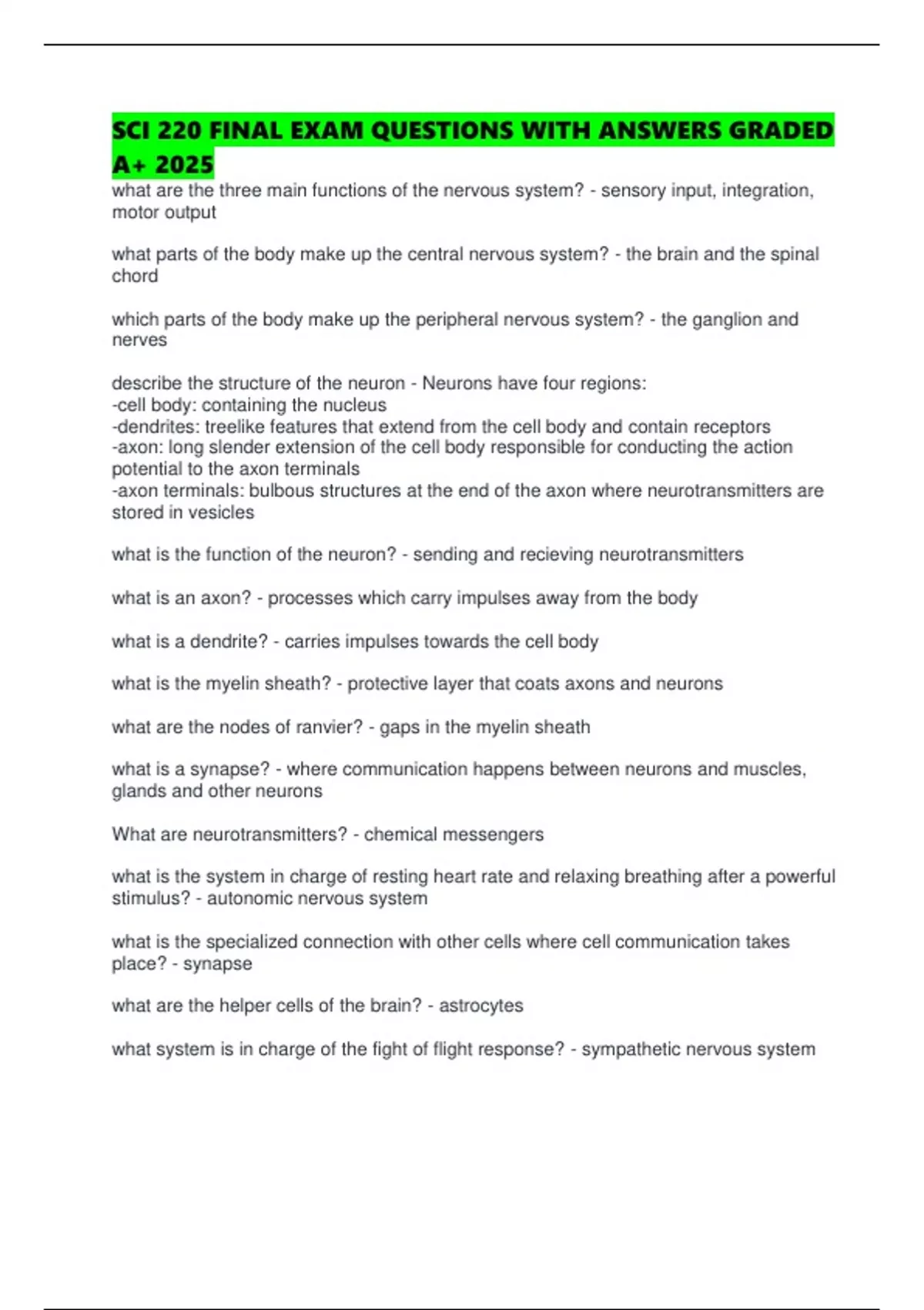 SCI 220 FINAL EXAM QUESTIONS WITH ANSWERS GRADED A+ 2025 - SCI 220 ...