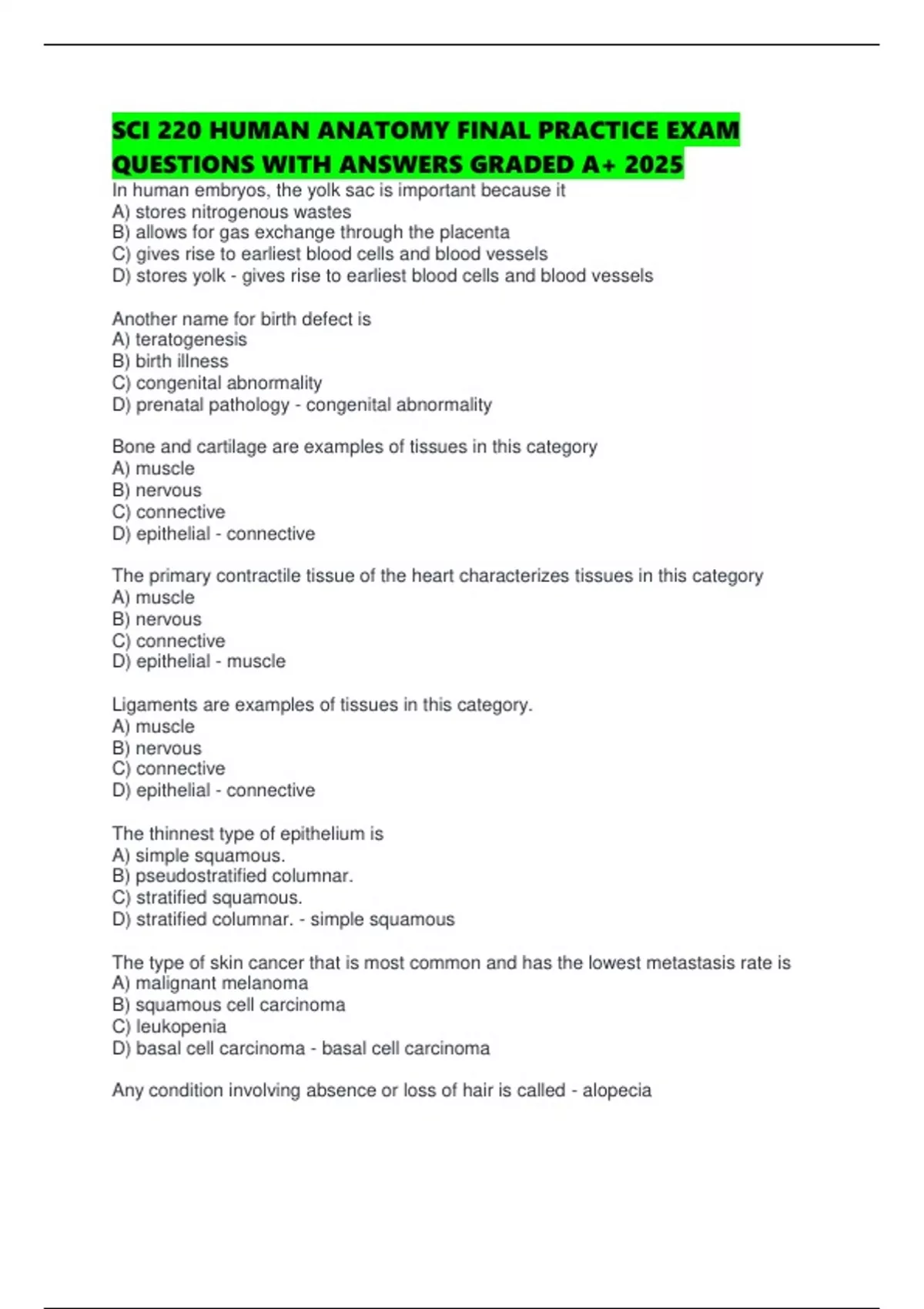 SCI 220 HUMAN ANATOMY FINAL PRACTICE EXAM QUESTIONS WITH ANSWERS GRADED ...