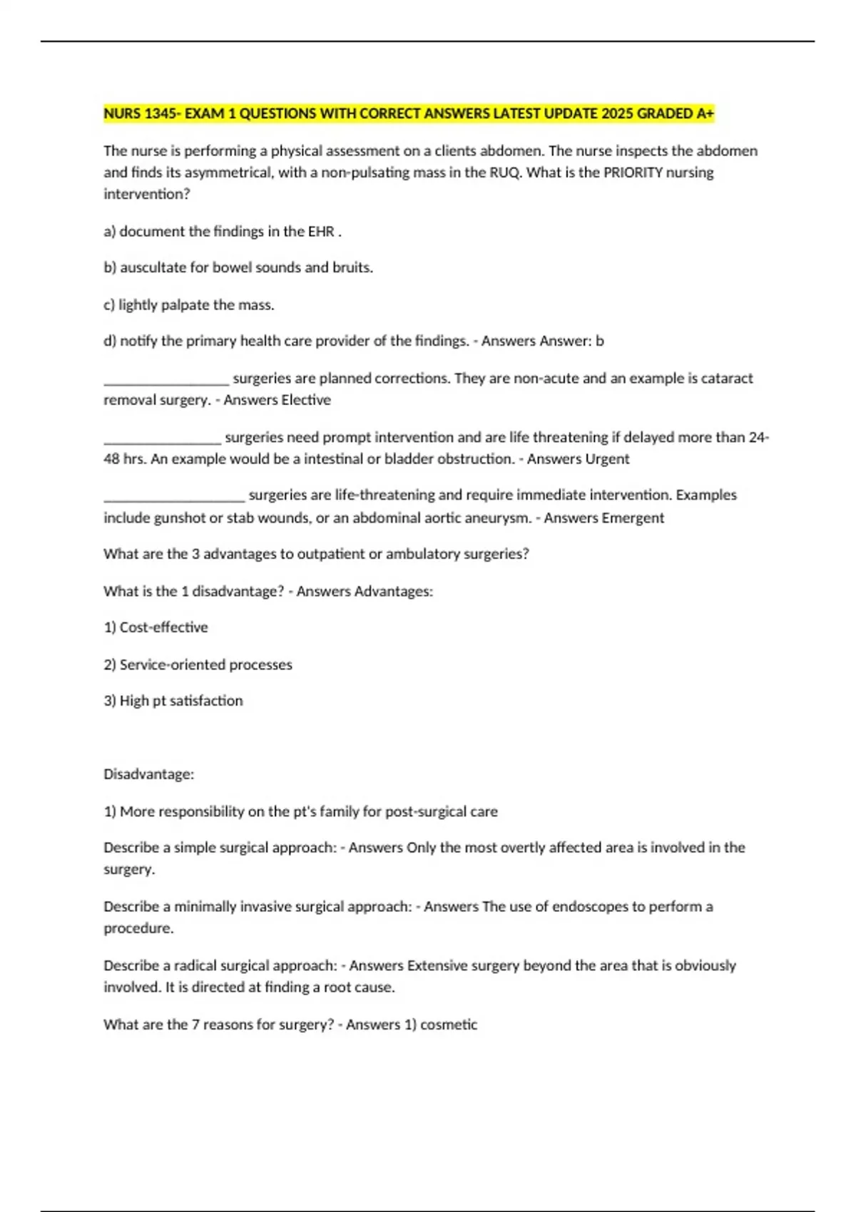 NURS 1345- EXAM 1 QUESTIONS WITH CORRECT ANSWERS LATEST UPDATE 2025 ...