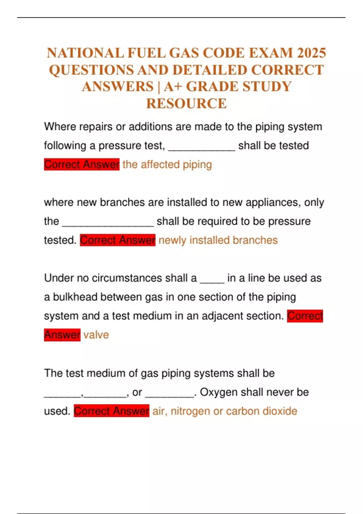NATIONAL FUEL GAS CODE EXAM 2025 QUESTIONS AND DETAILED CORRECT ANSWERS ...