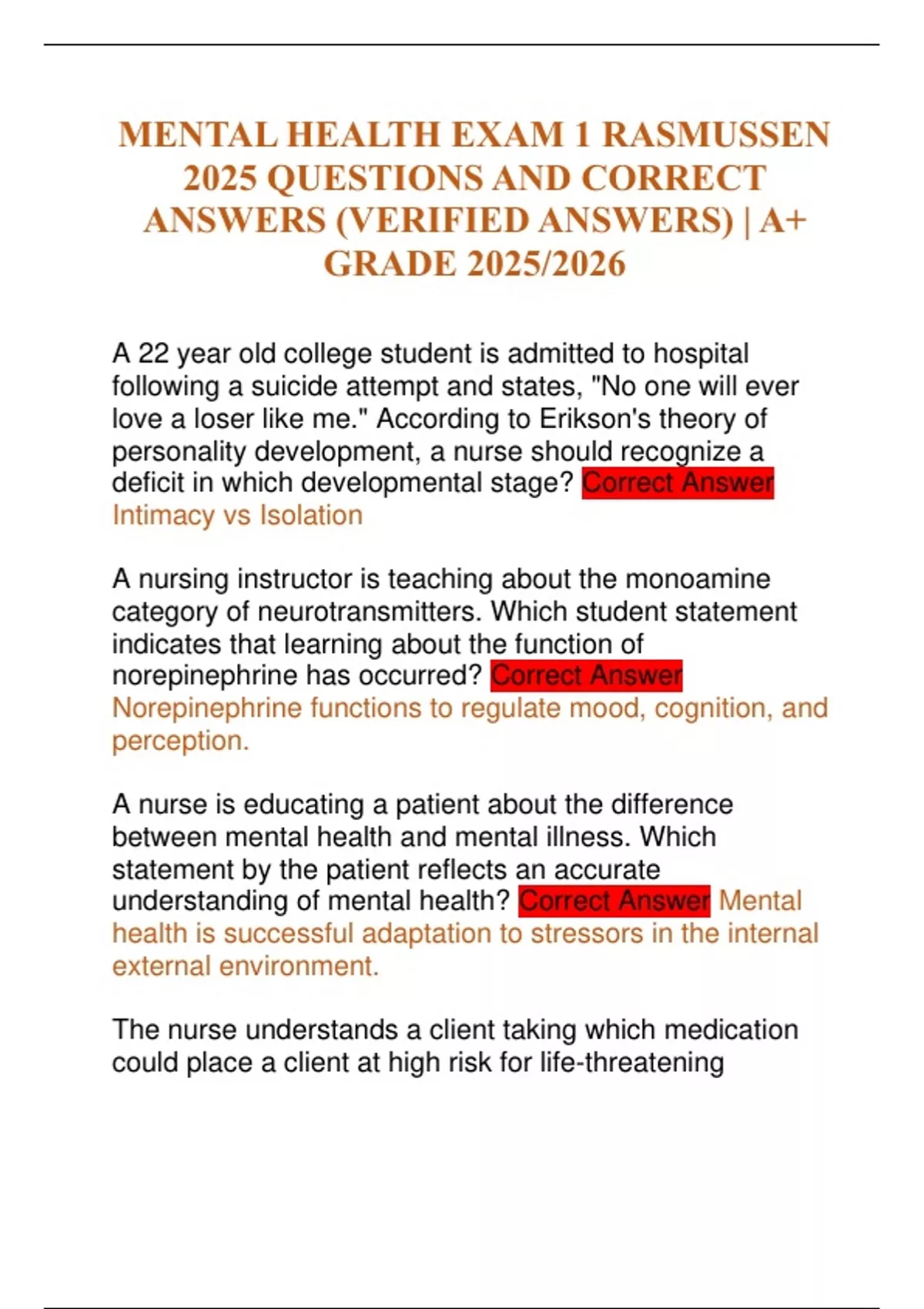 MENTAL HEALTH EXAM 1 RASMUSSEN 2025 QUESTIONS AND CORRECT ANSWERS ...