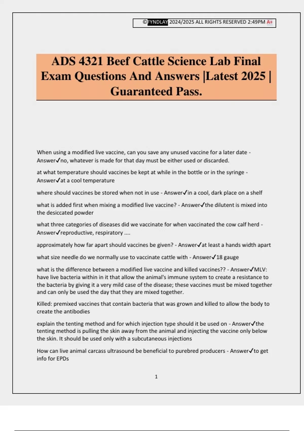 ADS 4321 Beef Cattle Science Lab Final Exam Questions And Answers ...