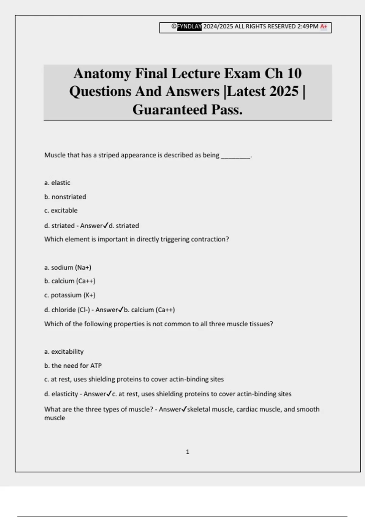 Anatomy Final Lecture Exam Ch 10 Questions And Answers |Latest 2025 ...