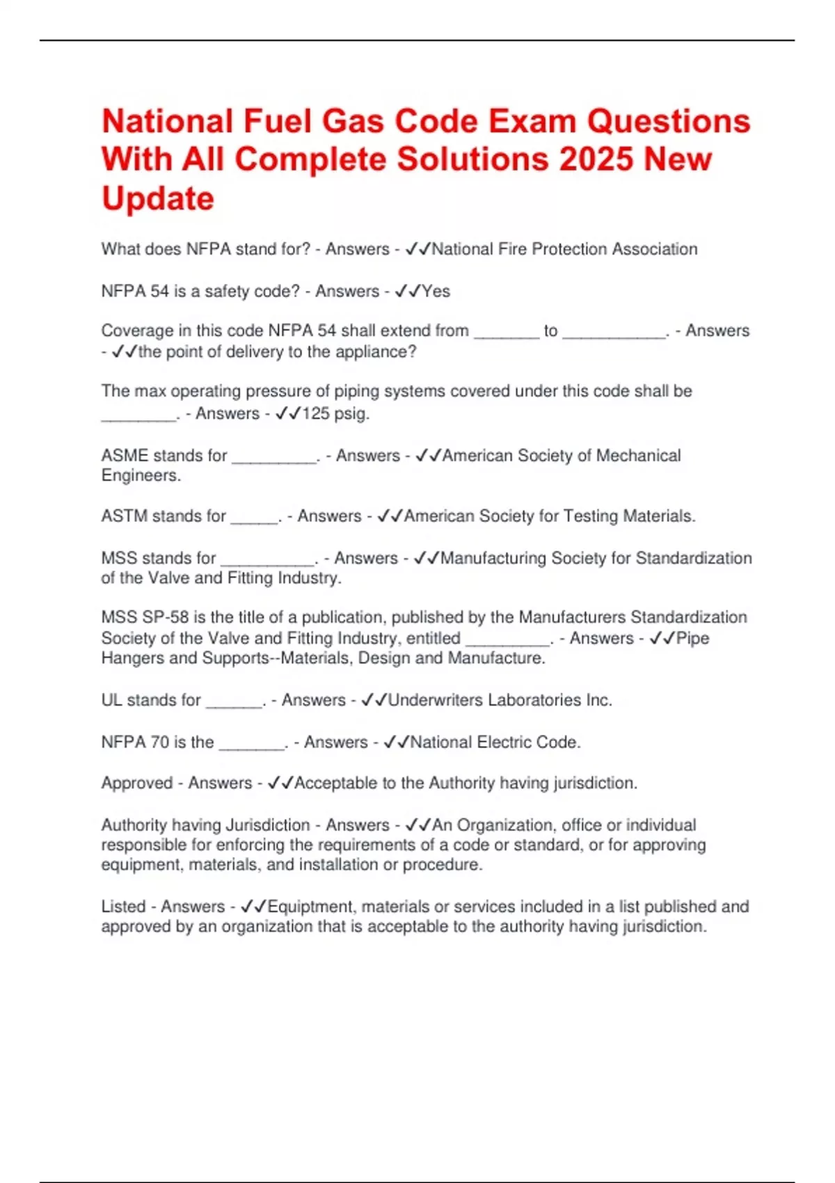 National Fuel Gas Code Exam Questions With All Complete Solutions 2025 ...
