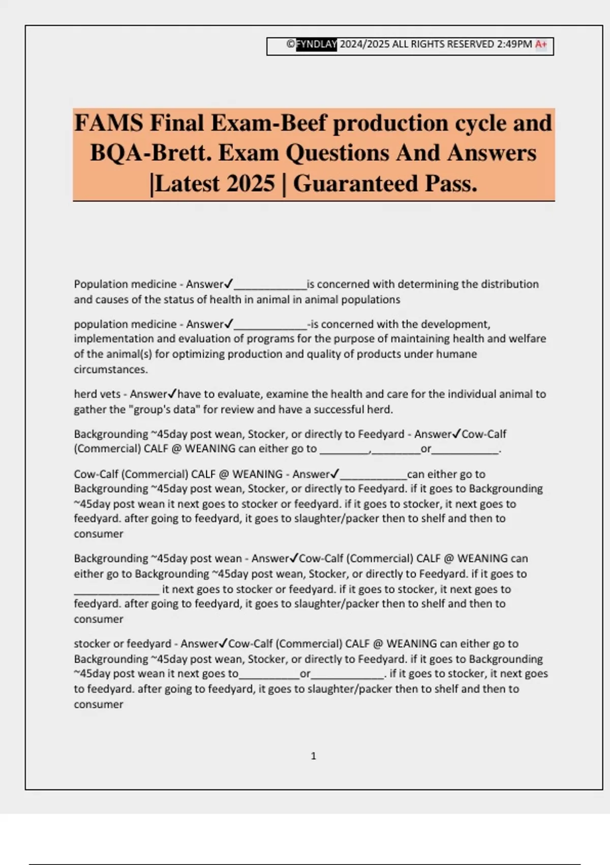 FAMS Final Exam-Beef production cycle and BQA-Brett. Exam Questions And ...