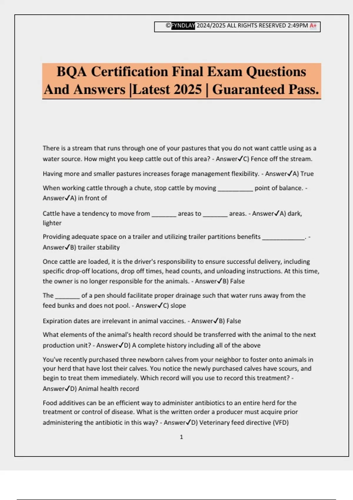 BQA Certification Final Exam Questions And Answers |Latest 2025 | Guaranteed Pass - Beef Quality ...