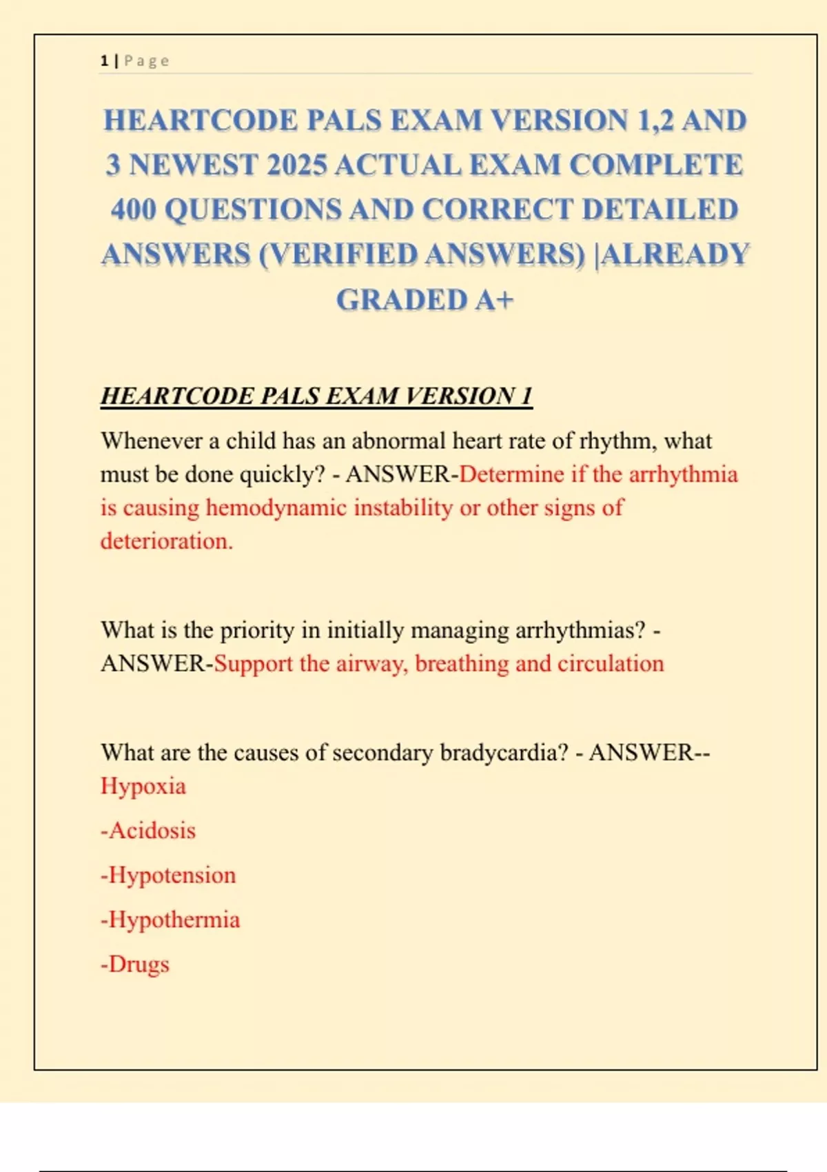 HEARTCODE PALS EXAM VERSION 1,2 AND 3 NEWEST 2025 ACTUAL EXAM COMPLETE ...