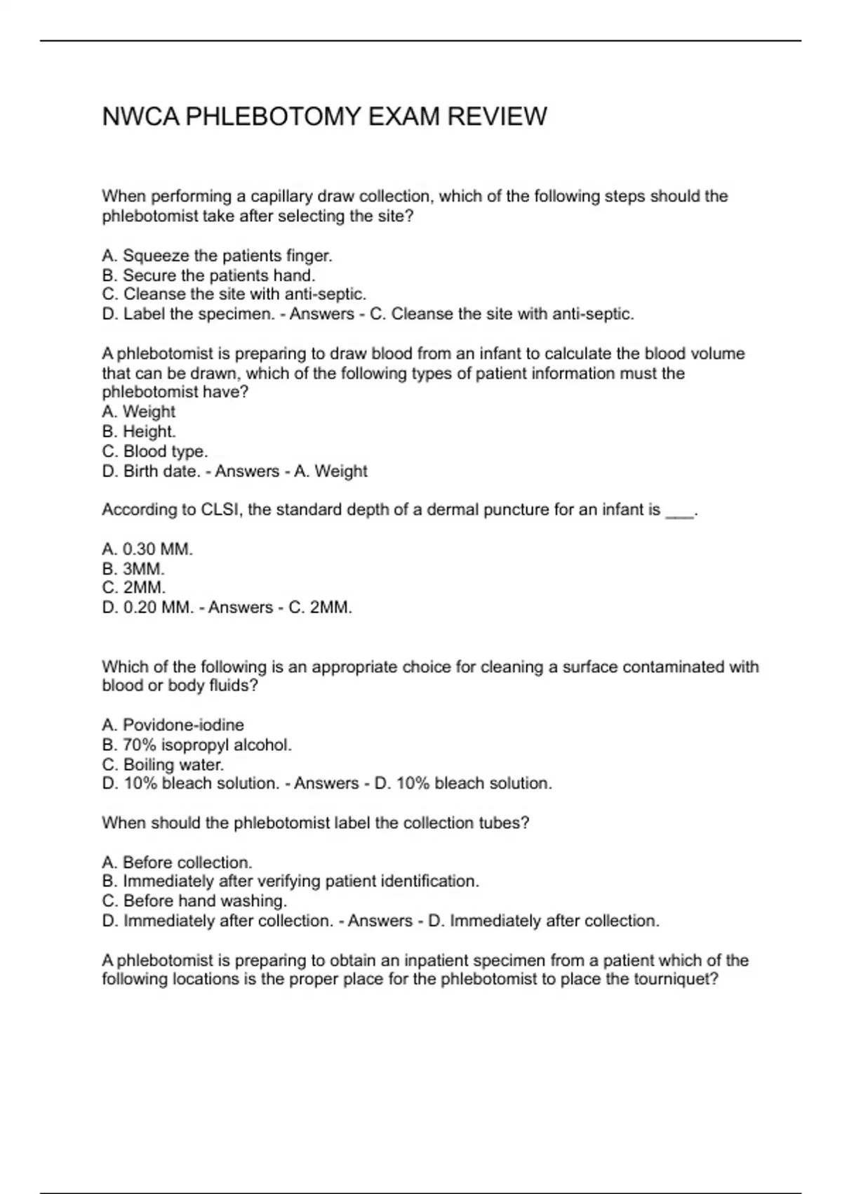 NWCA PHLEBOTOMY EXAM REVIEW NWCA Stuvia US