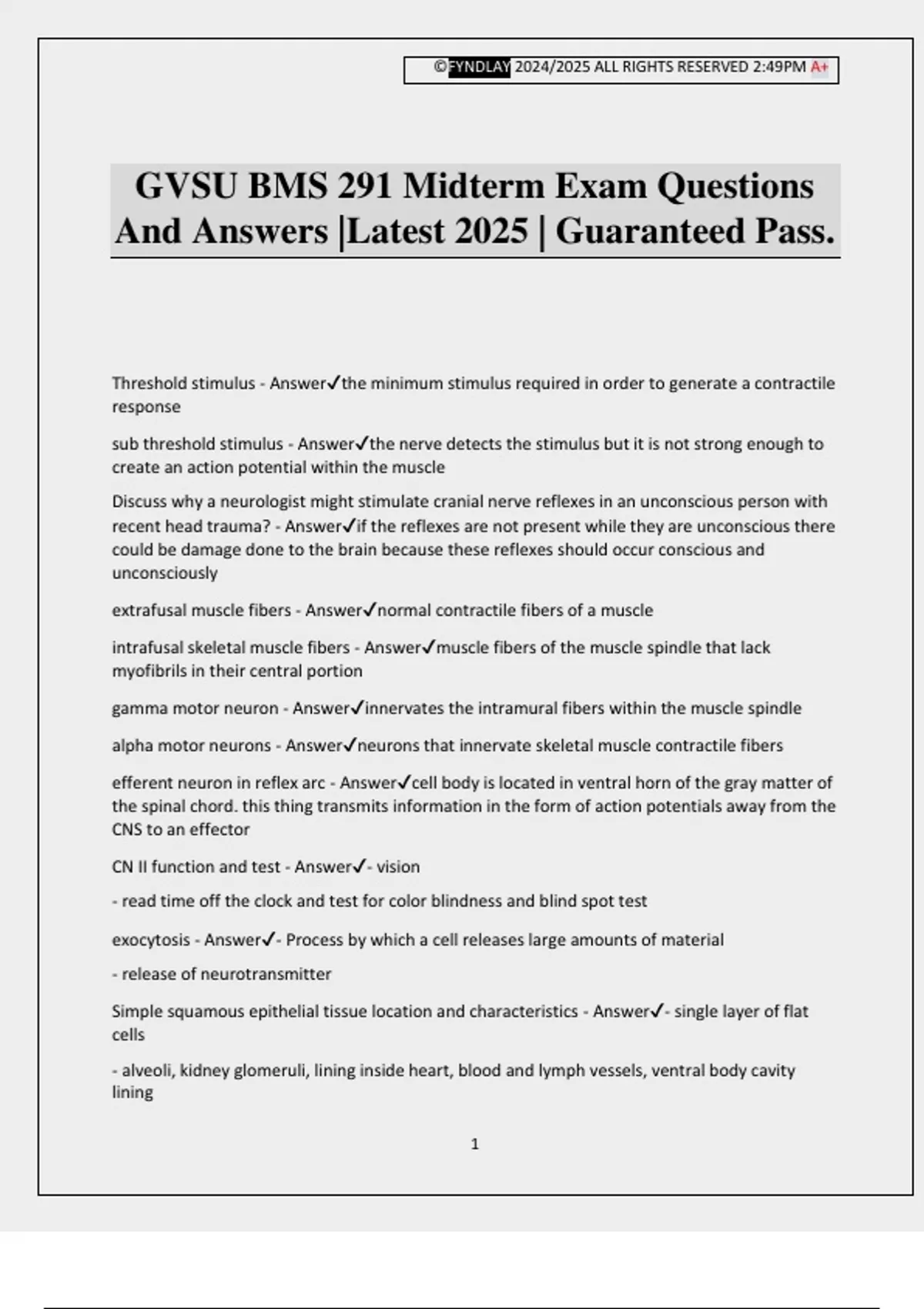 GVSU BMS 291 Midterm Exam Questions And Answers |Latest 2025 ...