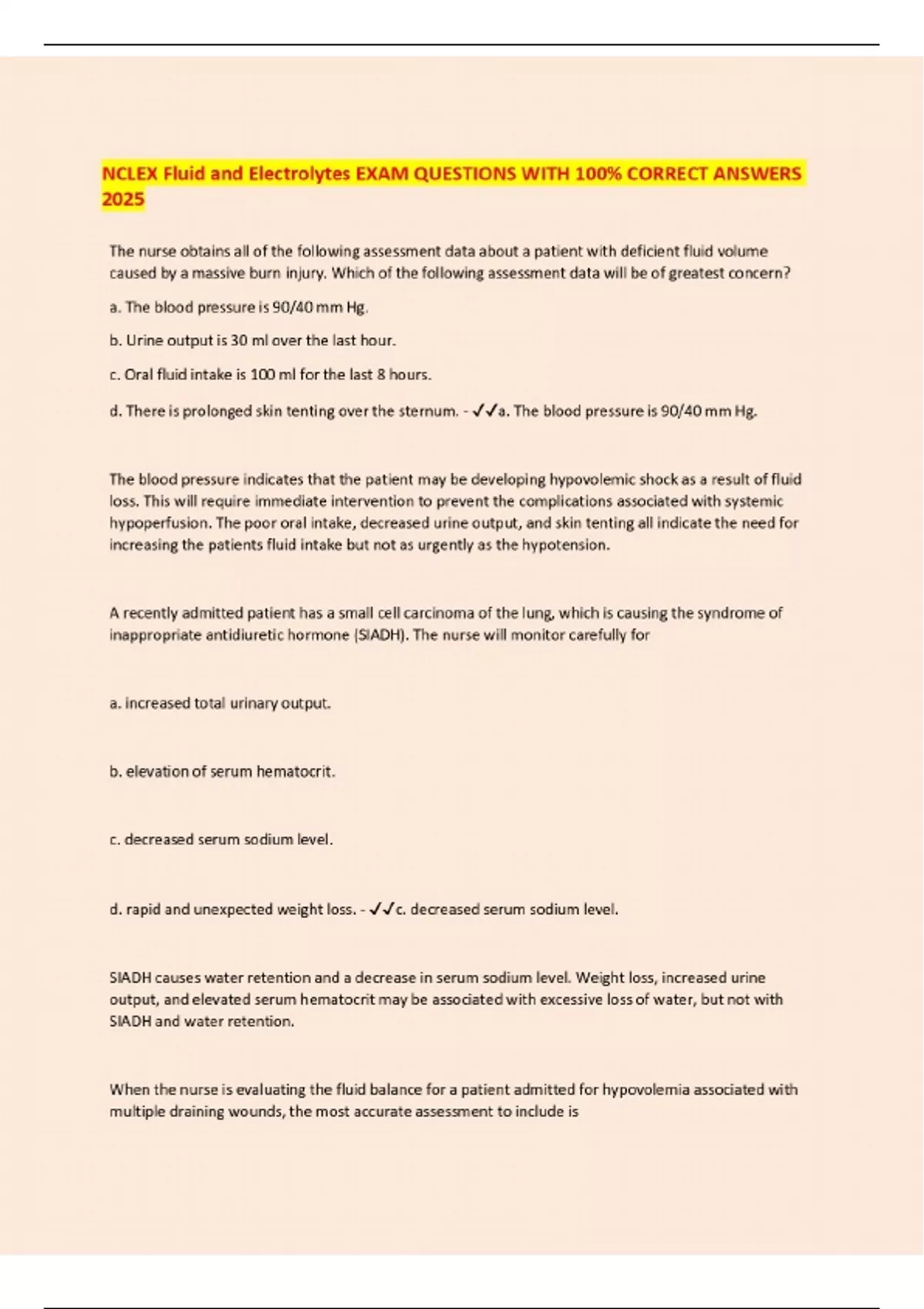 NCLEX Fluid and Electrolytes EXAM QUESTIONS WITH 100% CORRECT ANSWERS ...