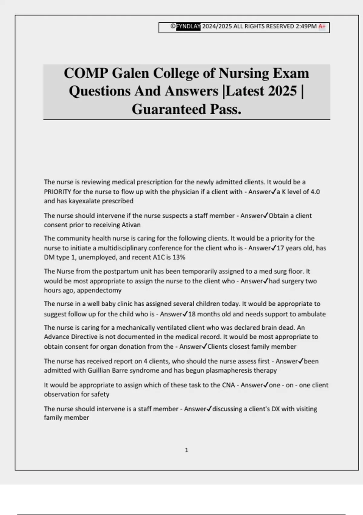 COMP Galen College of Nursing Exam Questions And Answers |Latest 2025 ...