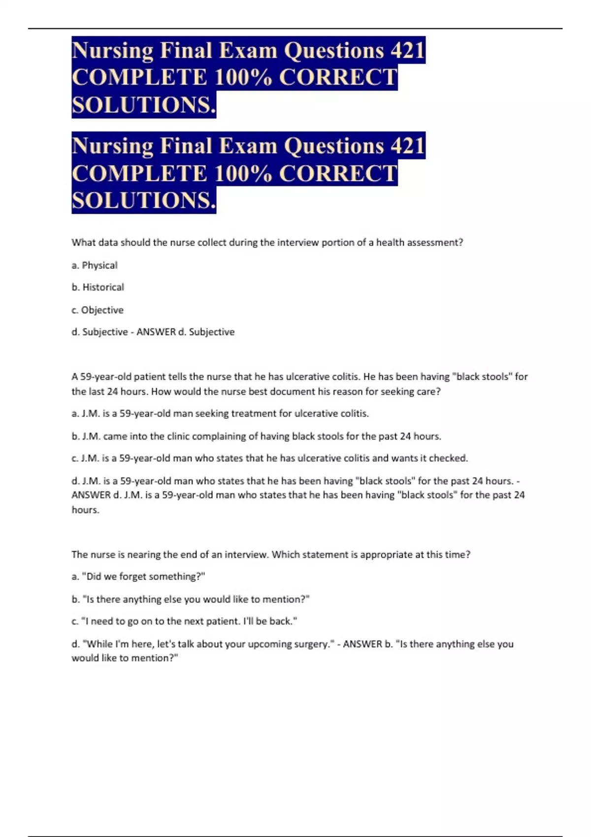 Nursing Final Exam Questions 421 COMPLETE 100% CORRECT SOLUTIONS ...