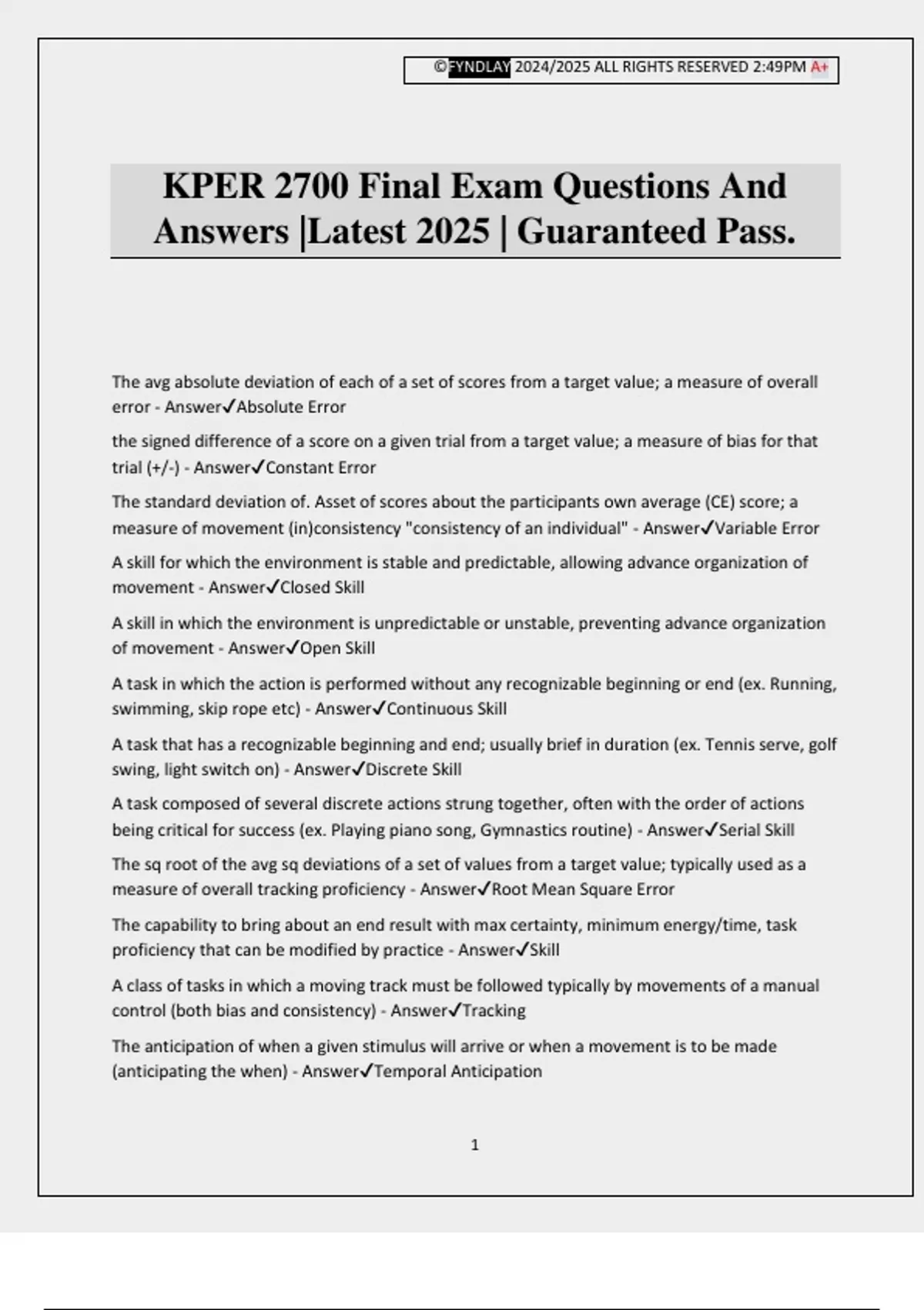 KPER 2700 Final Exam Questions And Answers |Latest 2025 | Guaranteed ...