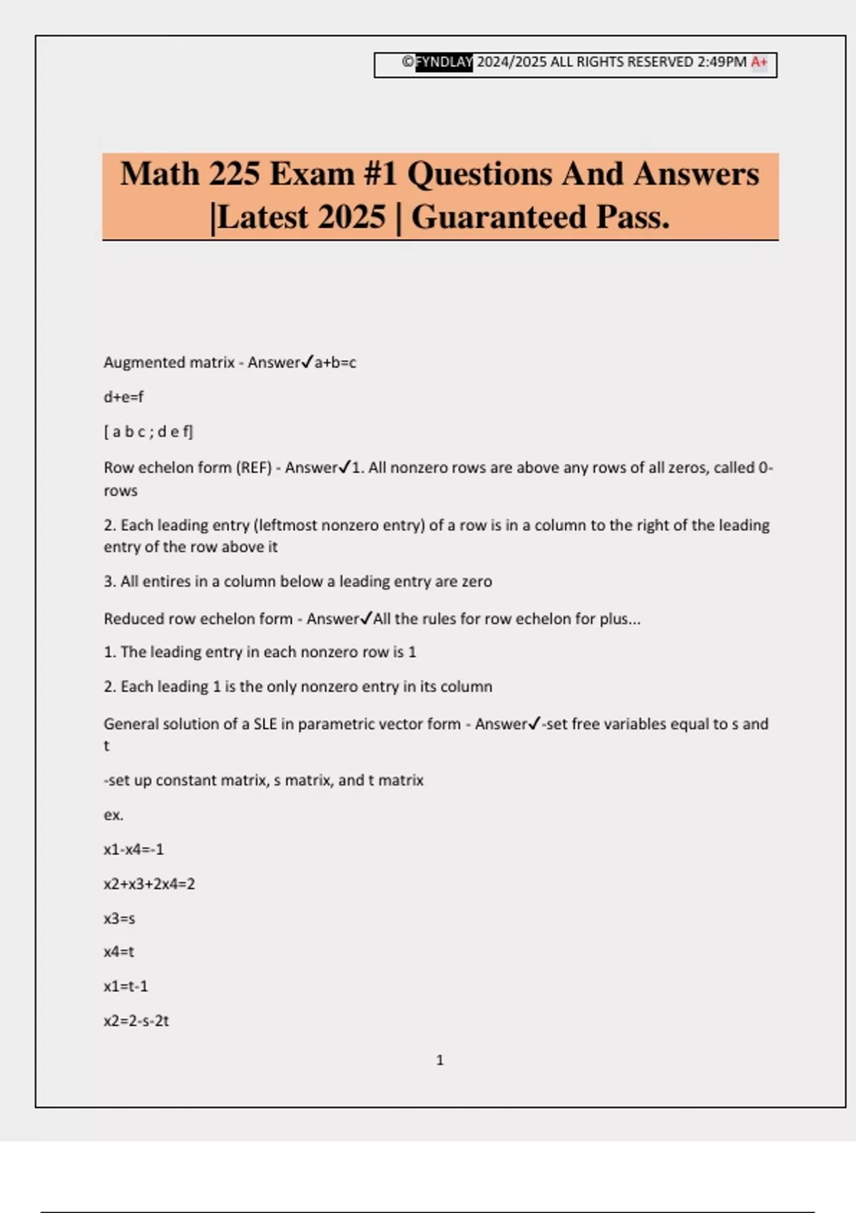 Math 225 Exam #1 Questions And Answers |Latest 2025 | Guaranteed Pass ...