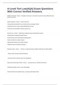 A-Level Tort Law&lpar;AQA&rpar; Exam Questions With Correct Verified Answers&period;