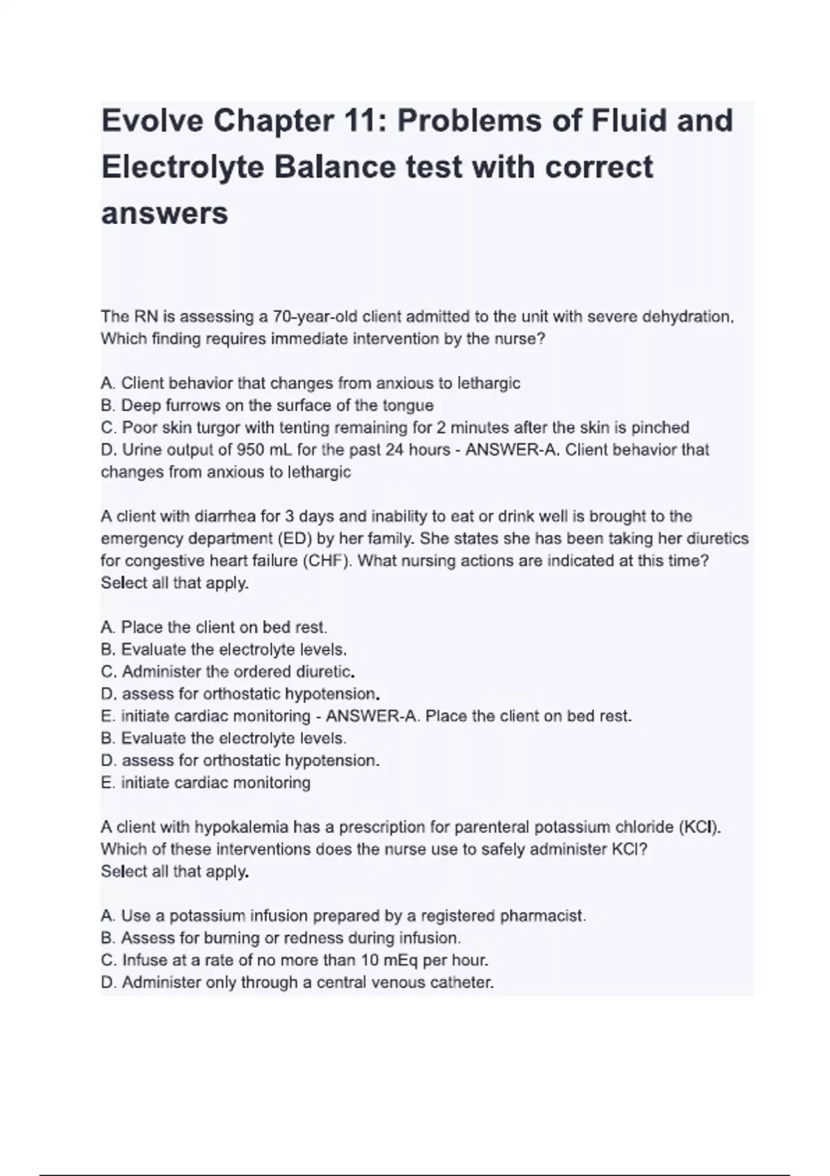 Evolve Chapter 11 Problems of Fluid and Electrolyte Balance test, 2025/ ...