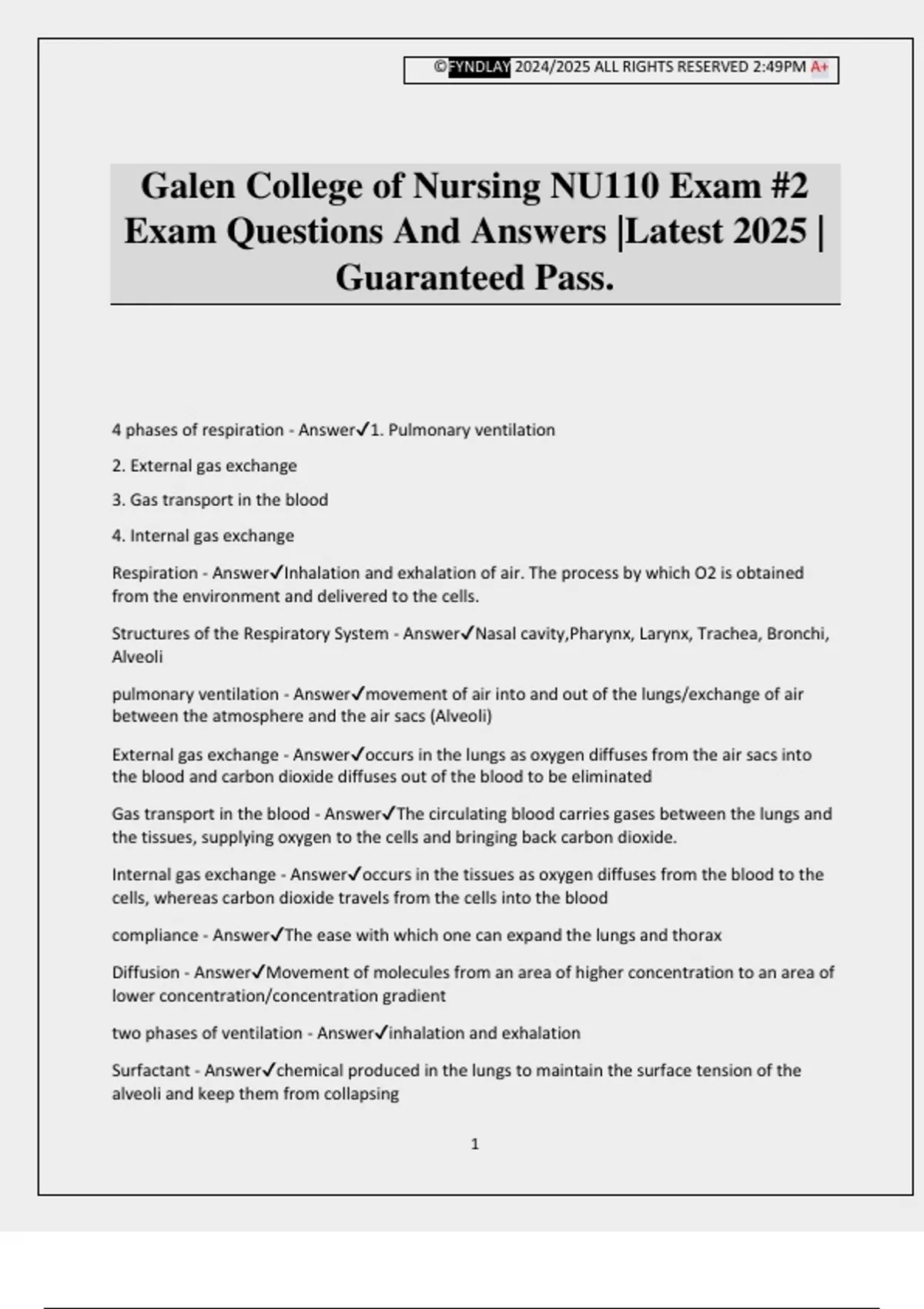 Galen College of Nursing NU110 Exam #2 Exam Questions And Answers ...