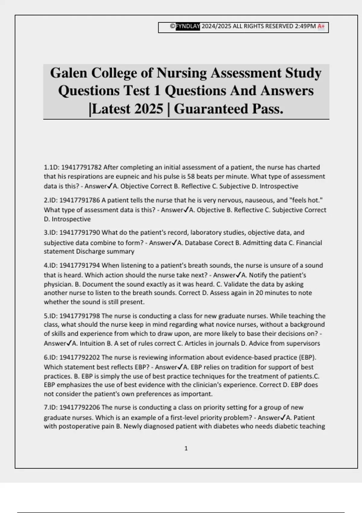 Galen College of Nursing Assessment Study Questions Test 1 Questions ...