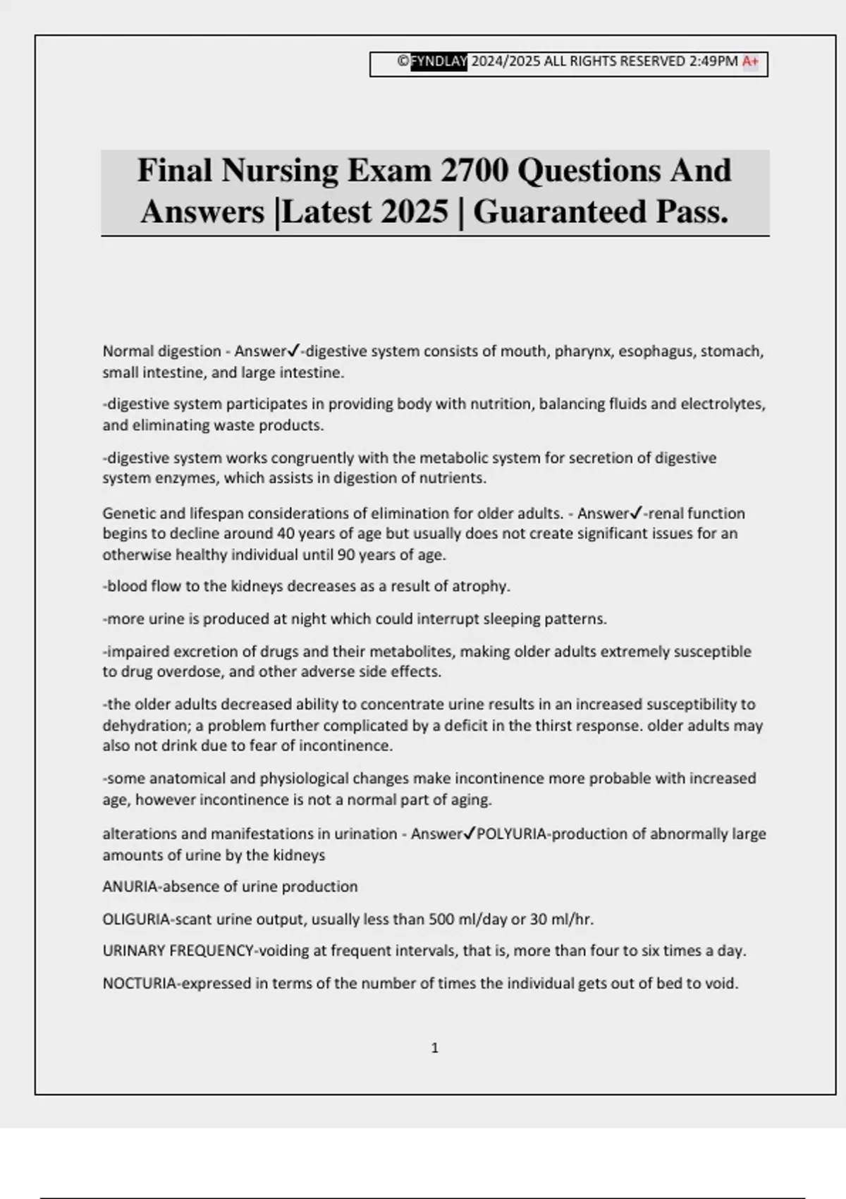 Final Nursing Exam 2700 Questions And Answers |Latest 2025 | Guaranteed ...