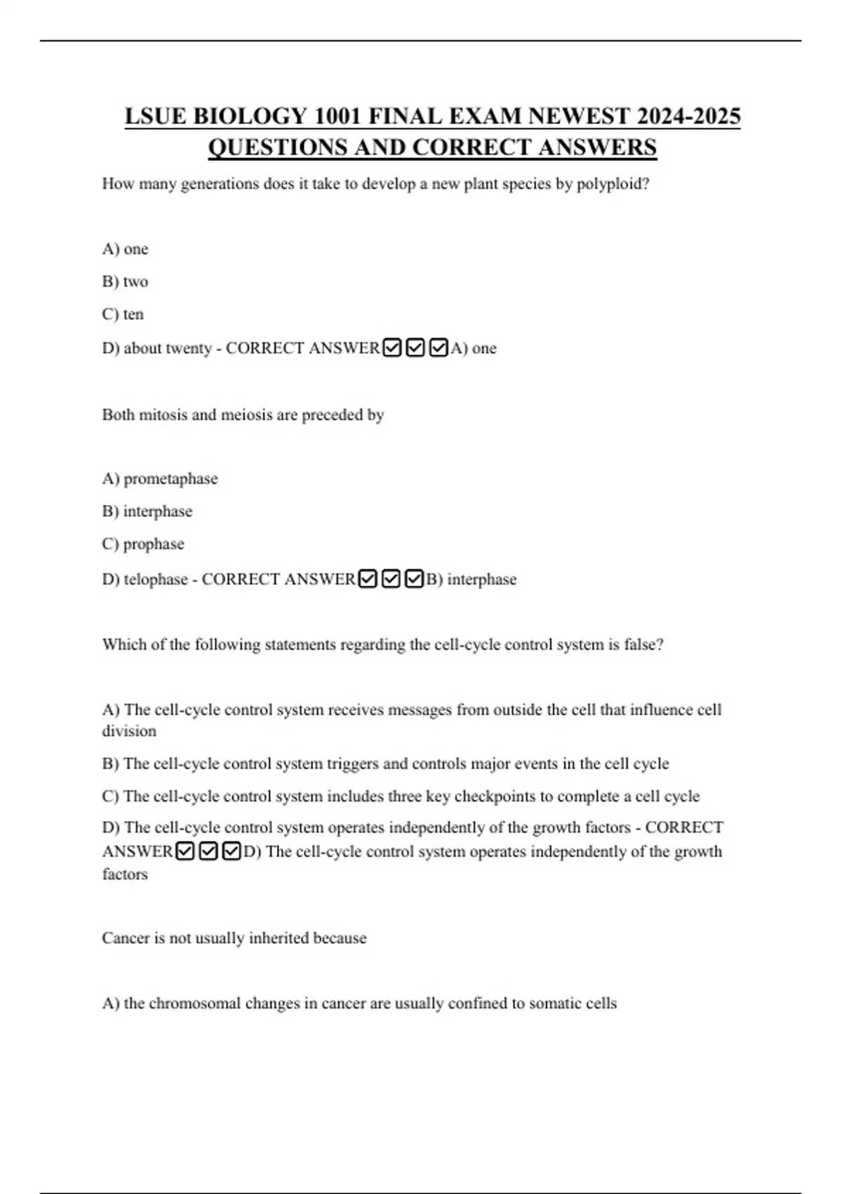 LSUE BIOLOGY 1001 FINAL EXAM NEWEST QUESTIONS AND CORRECT ANSWERS ...