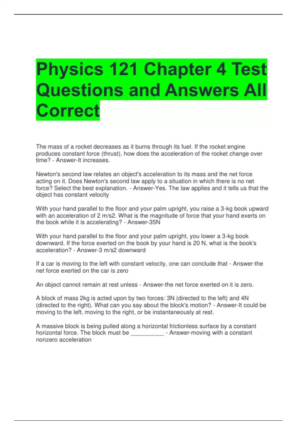 Physics 121 Chapter 4 Test Questions and Answers All Correct - Physics ...