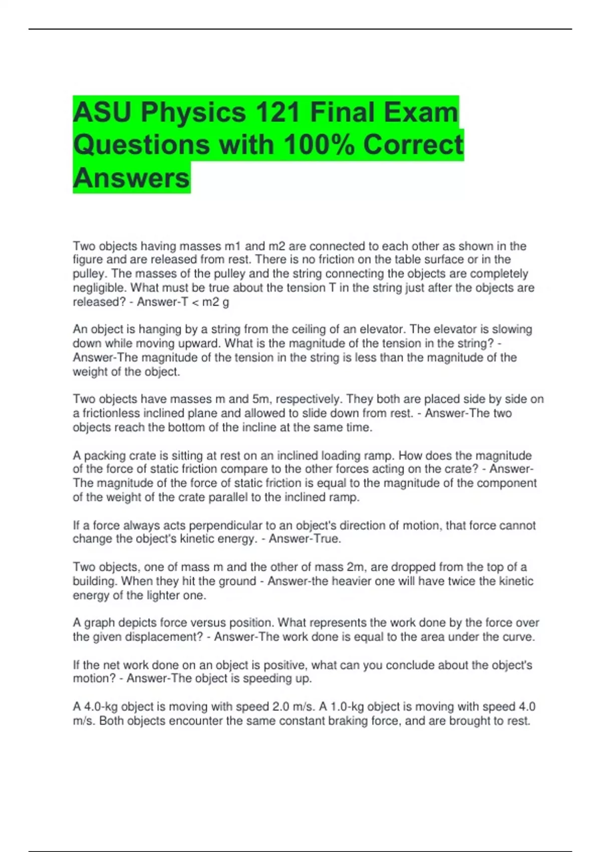 ASU Physics 121 Final Exam Questions with 100% Correct Answers - ASU ...
