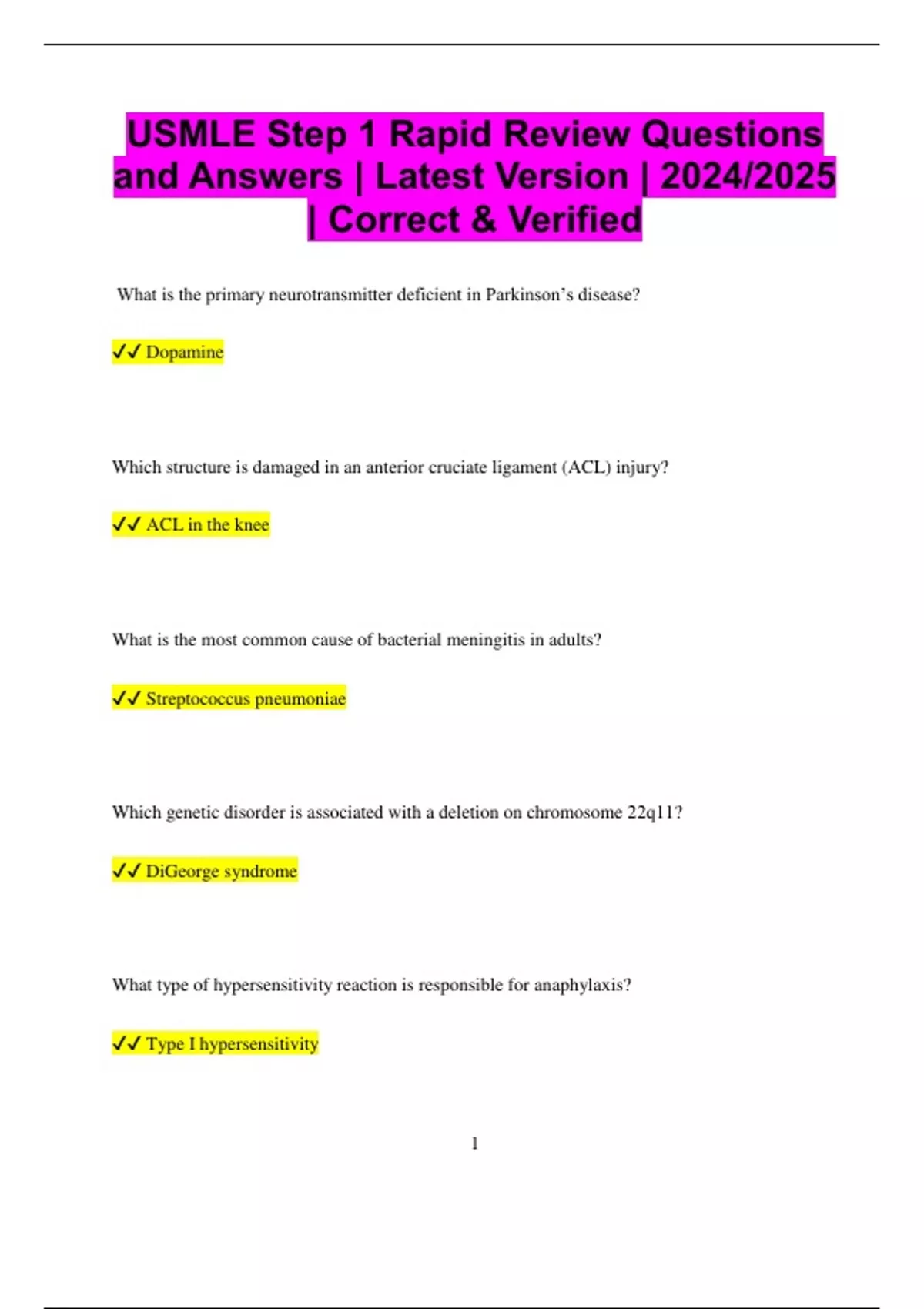 USMLE Step 1 Rapid Review Questions and Answers | Latest Version | 2024 ...