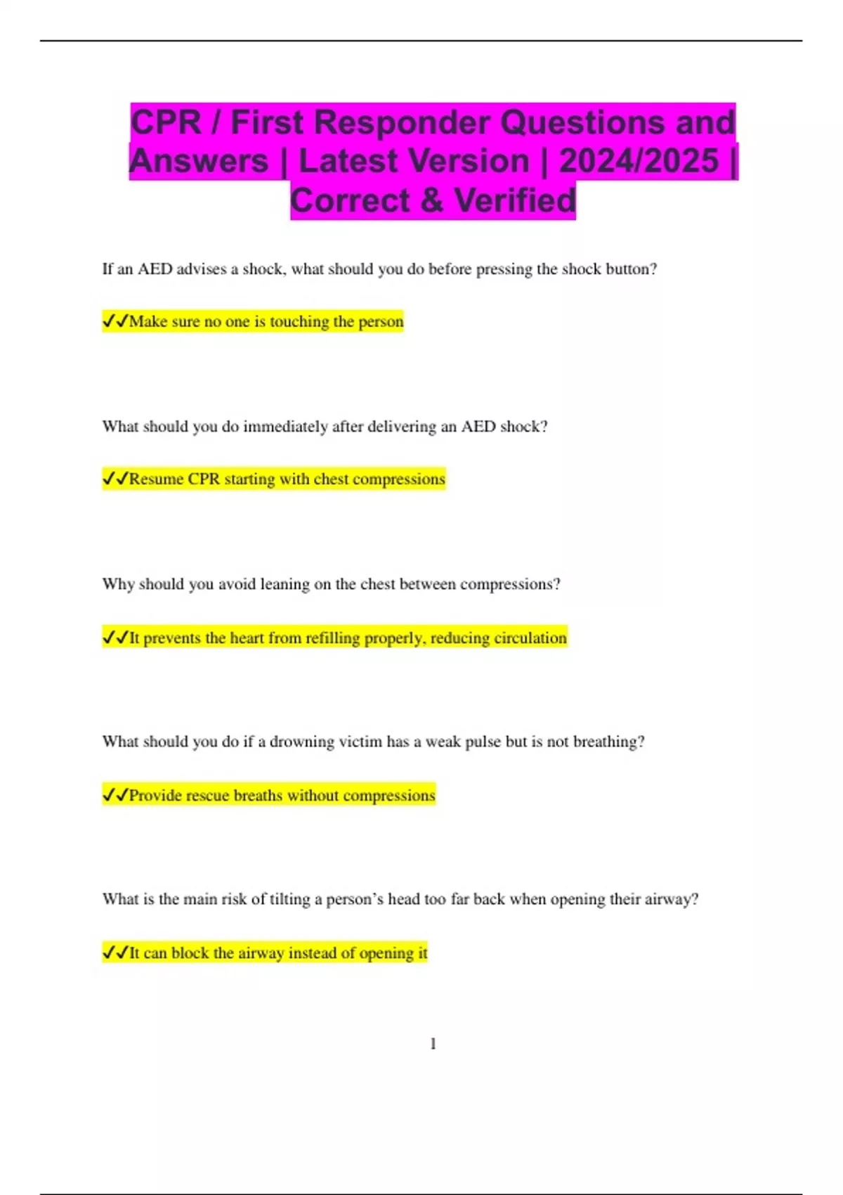 CPR / First Responder Questions and Answers | Latest Version | 2024/ ...