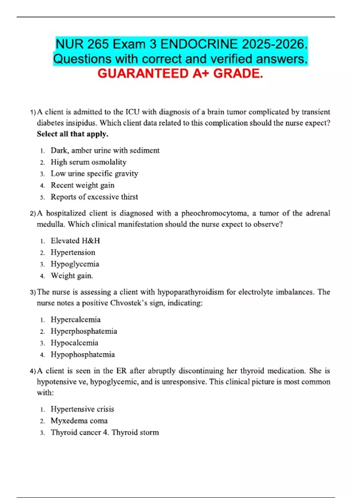 NUR 265 Exam 3 ENDOCRINE . Questions with correct and verified answers ...