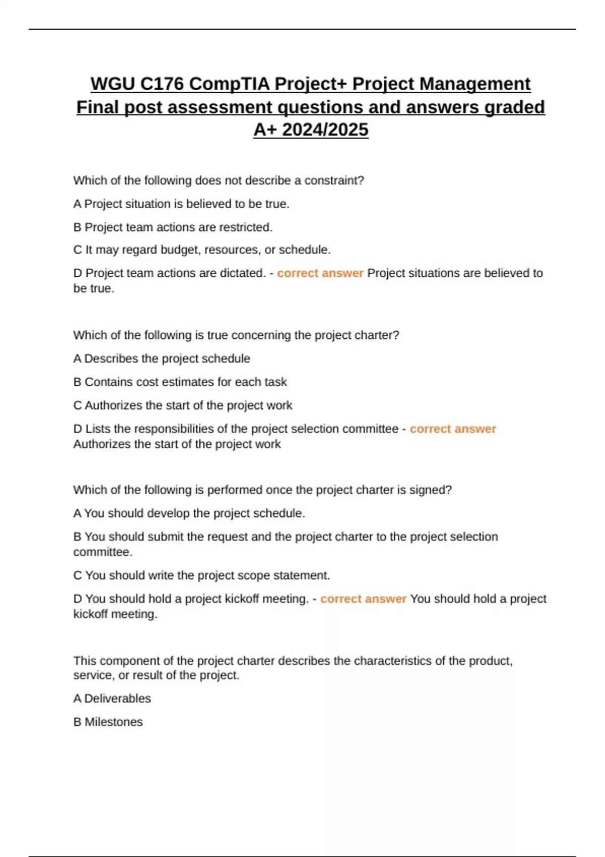 WGU C176 CompTIA Project+ Project Management Final post assessment ...