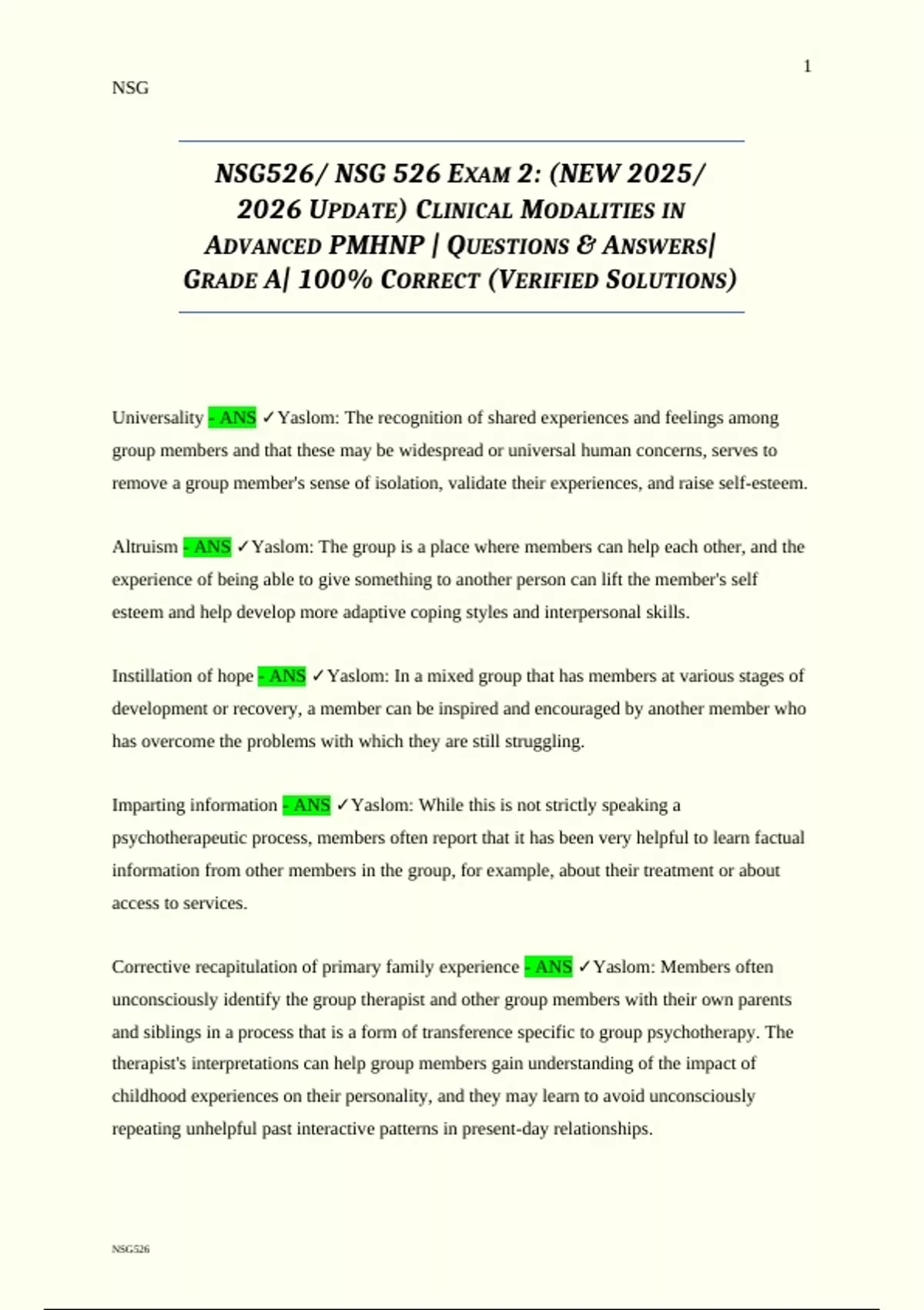 NSG 526 – Exam 2 (2025–2026 Update) Clinical Modalities in Advanced ...