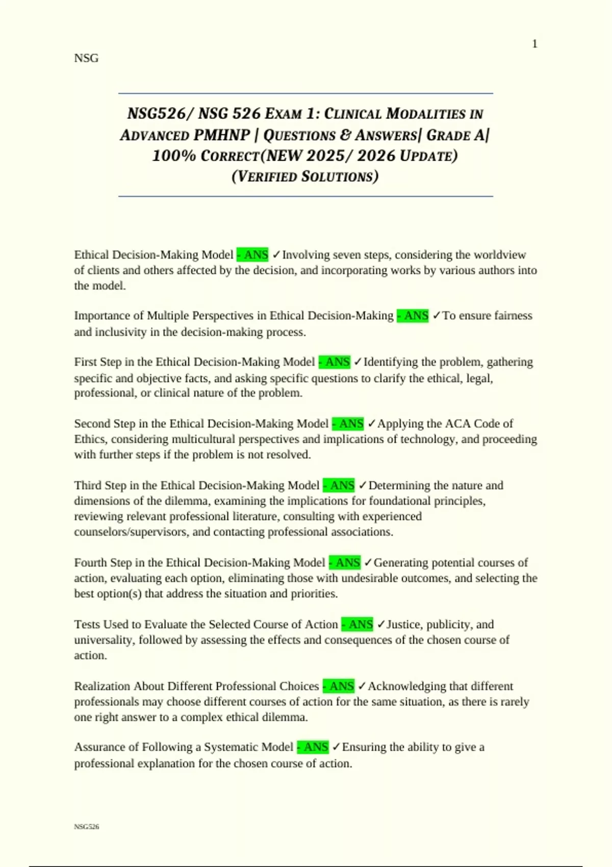 NSG 526 – Exam 1 (2025–2026 Update) Clinical Modalities in Advanced ...