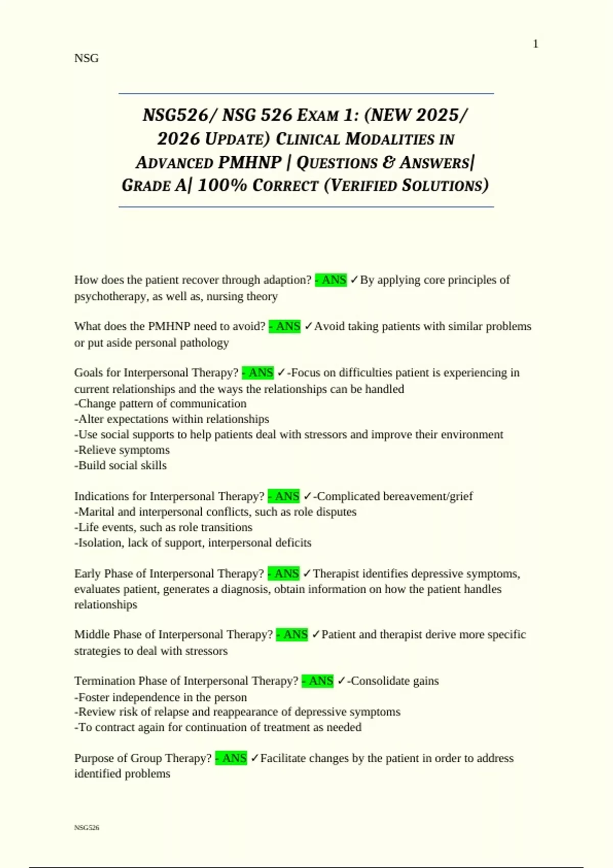 NSG 526 – Exam 1 (2025–2026 Update) Clinical Modalities in Advanced ...