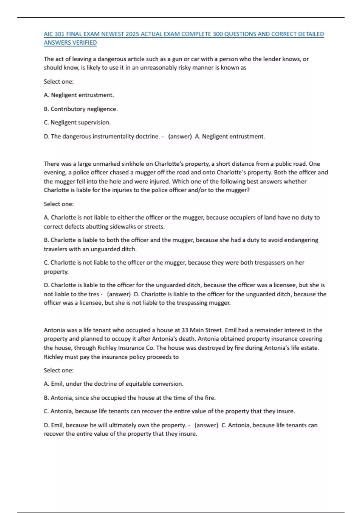 AIC 301 FINAL EXAM NEWEST 2025 ACTUAL EXAM COMPLETE 300 QUESTIONS AND ...