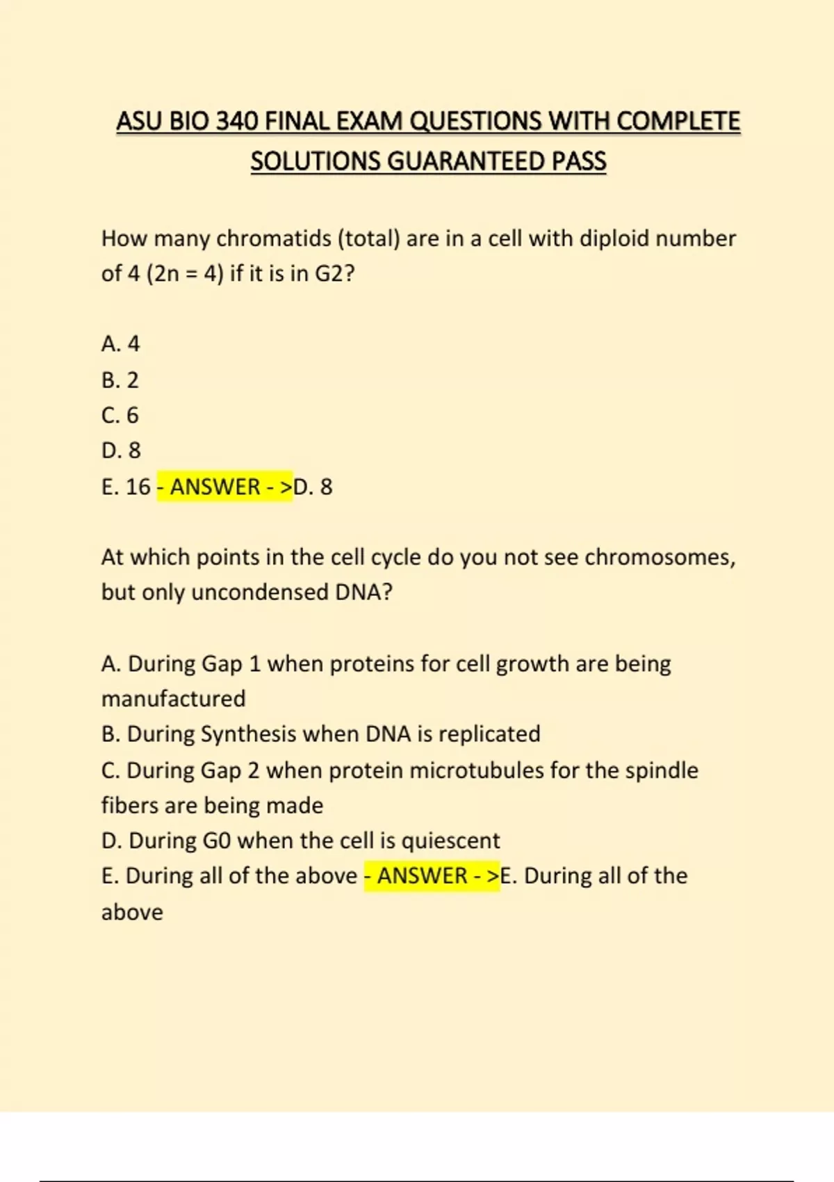 ASU BIO 340 FINAL EXAM QUESTIONS WITH COMPLETE SOLUTIONS GUARANTEED ...